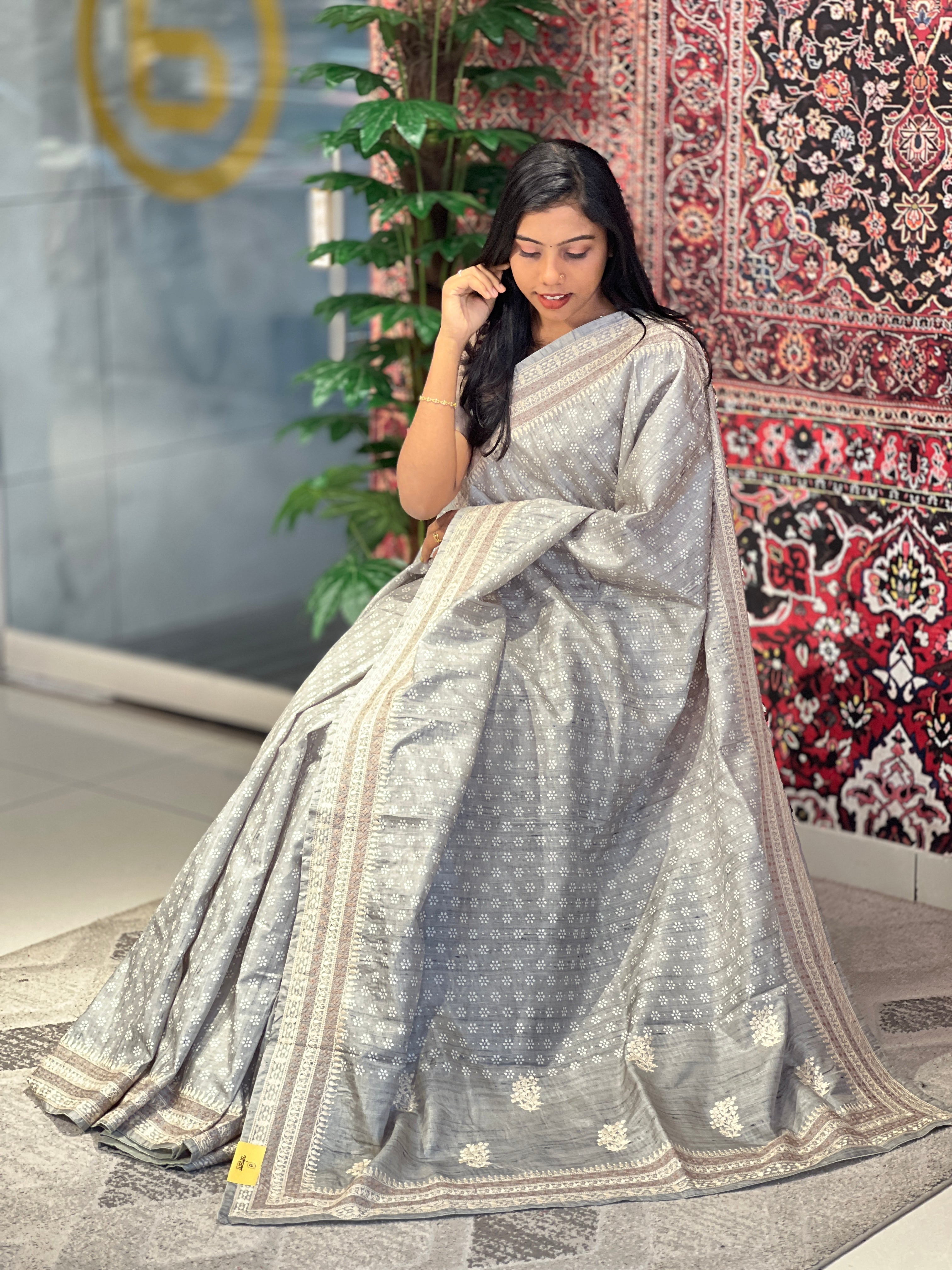 Printed Machine Embroidery Detailed Semi Tussar Saree | SVF165