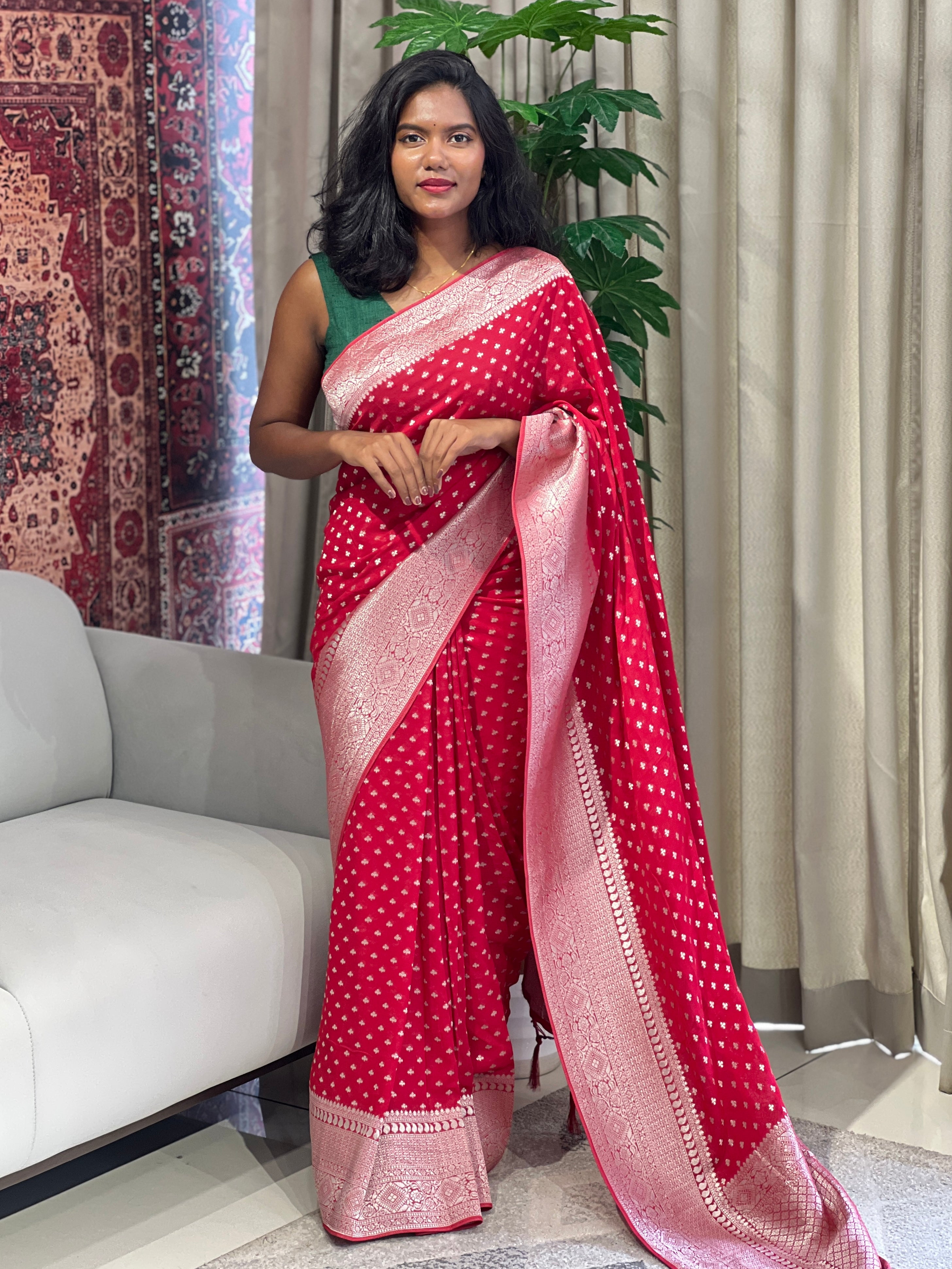 Silver Zari Woven Georgette Banarasi Saree | BYT101