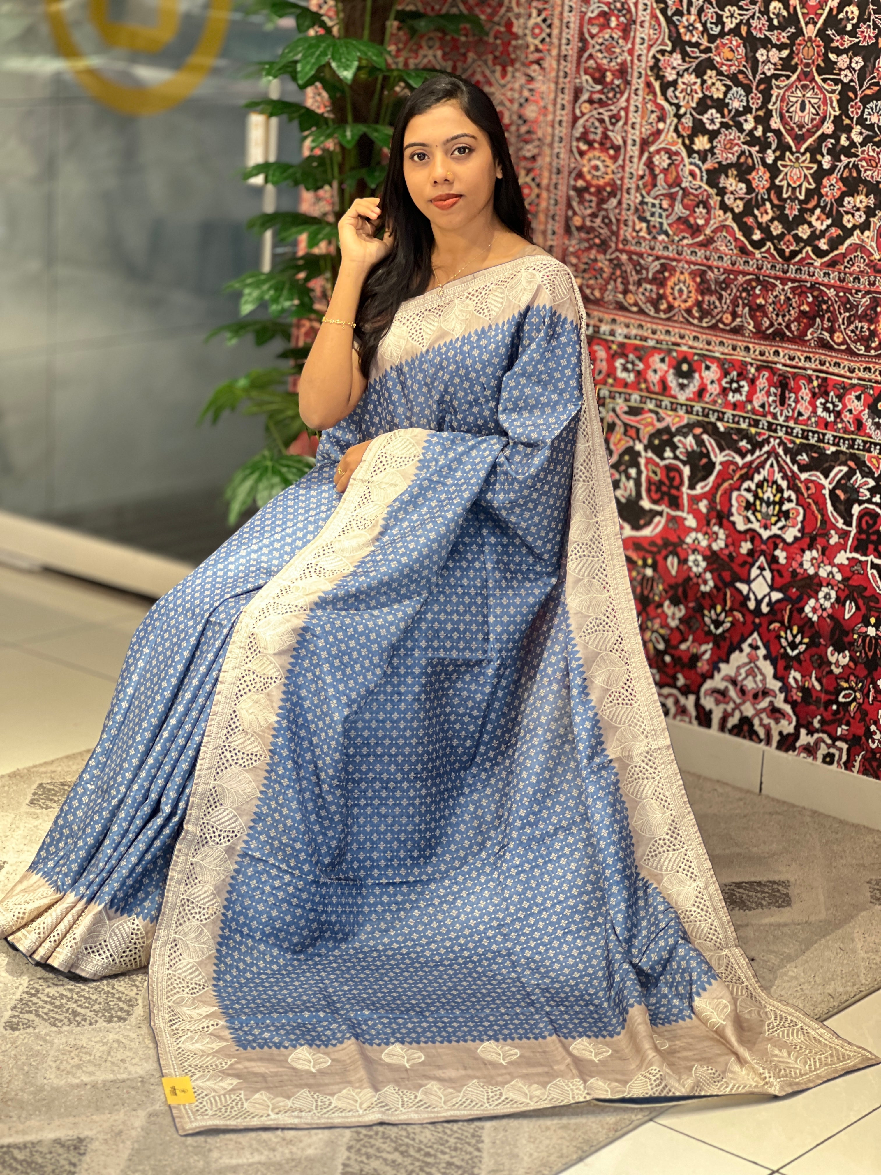 Printed Embroidery & Cutwork Detailed Semi Tussar Saree | SVF169