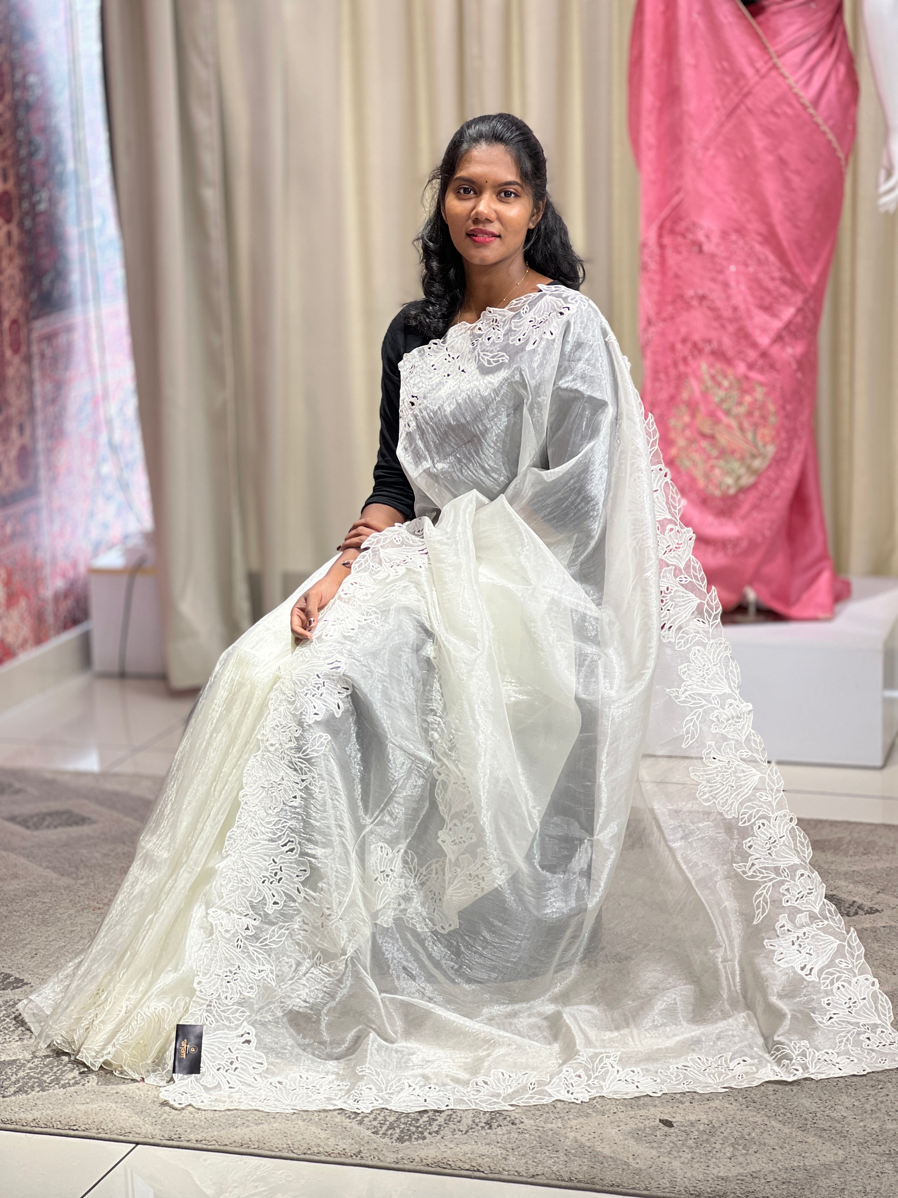 Machine Cutwork With Floral Embroidered Organza Saree | BLD526