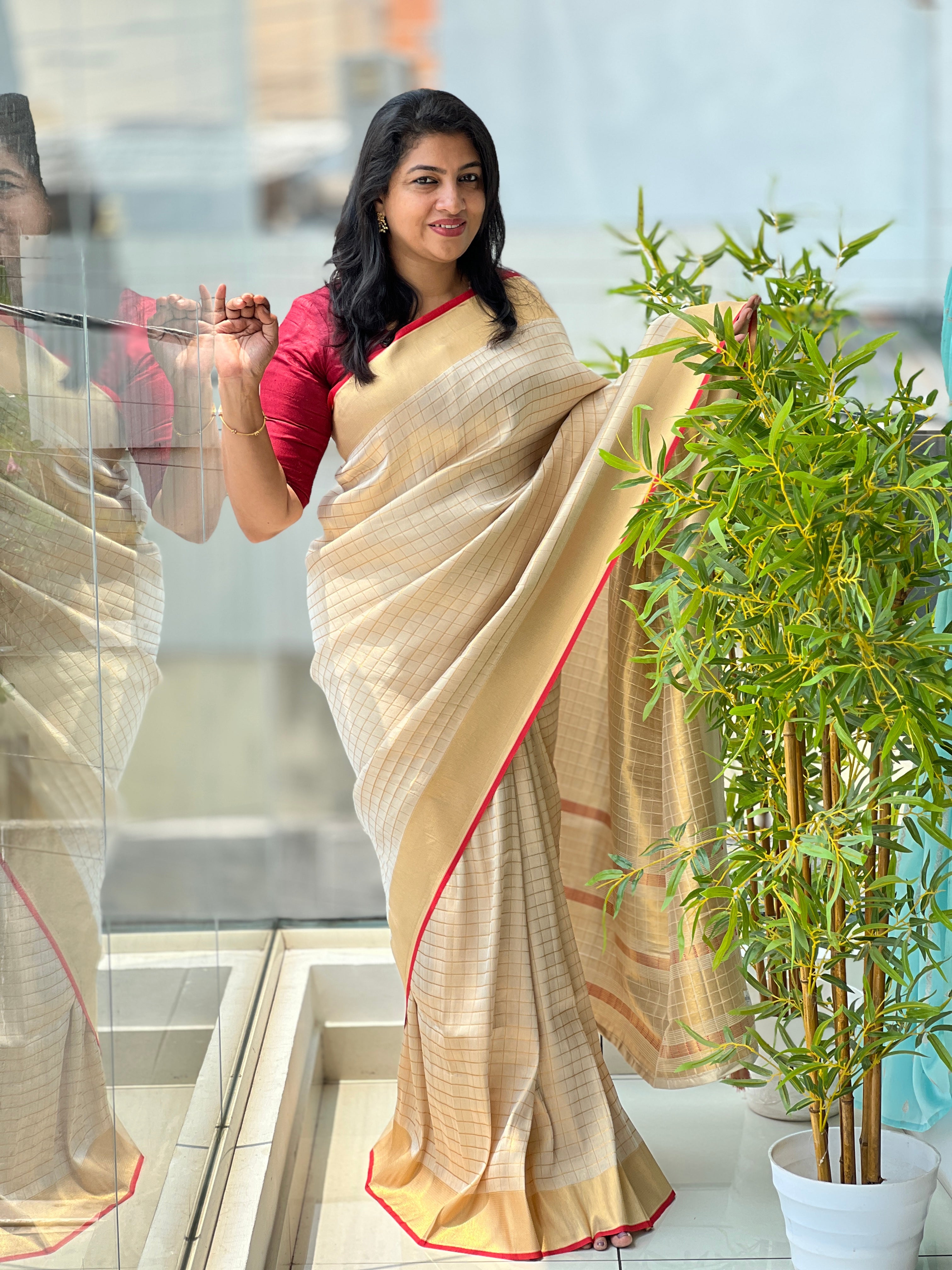 Tissue Weaving Check patterned Semi Silk Saree | HT227