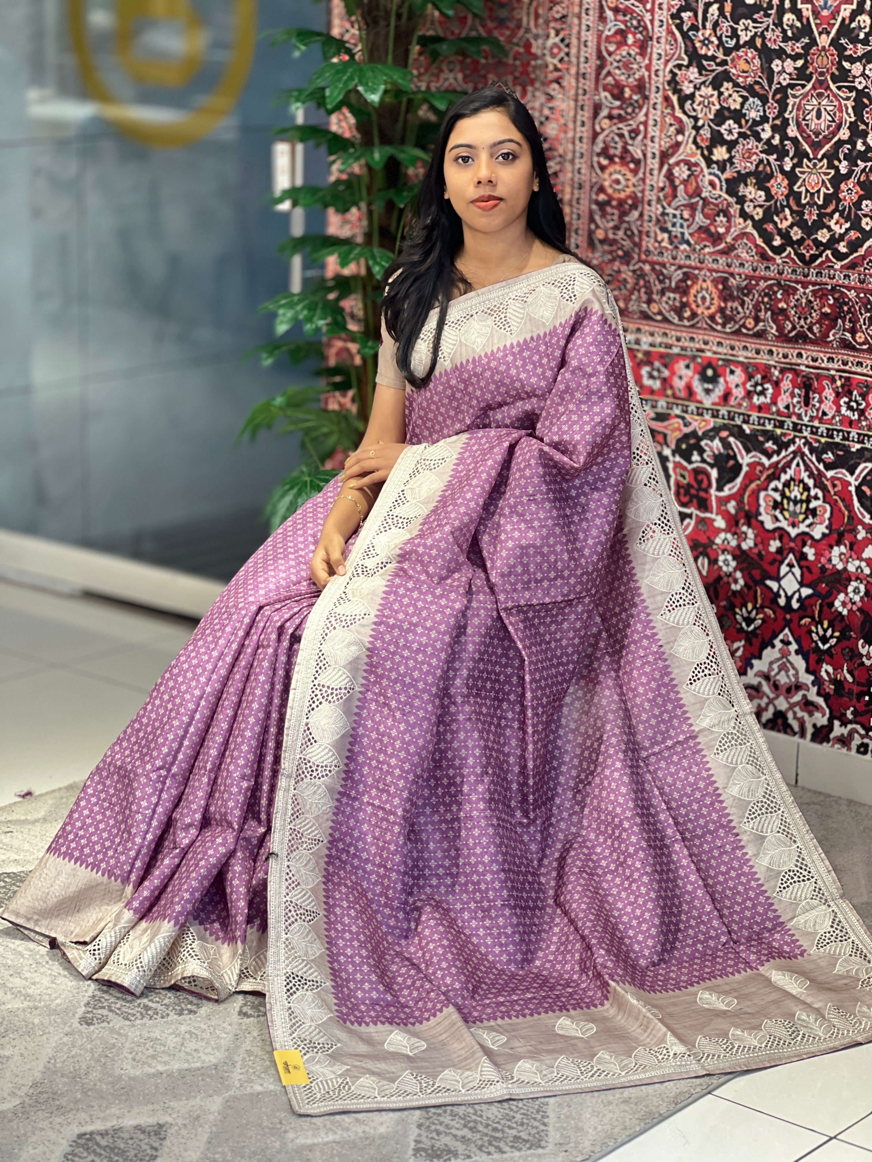 Printed Embroidery & Cutwork Detailed Semi Tussar Saree | SVF168