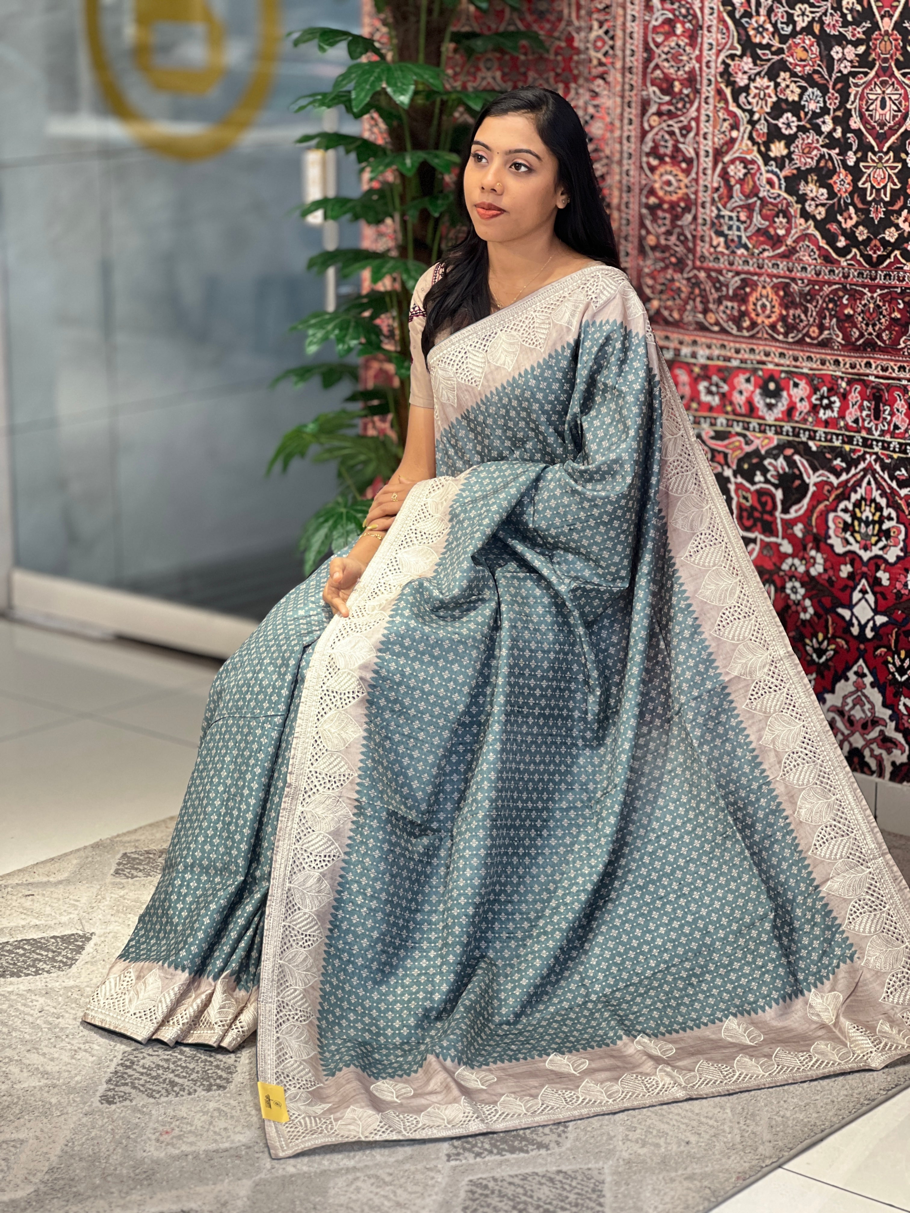 Printed Embroidery & Cutwork Detailed Semi Tussar Saree | SVF167