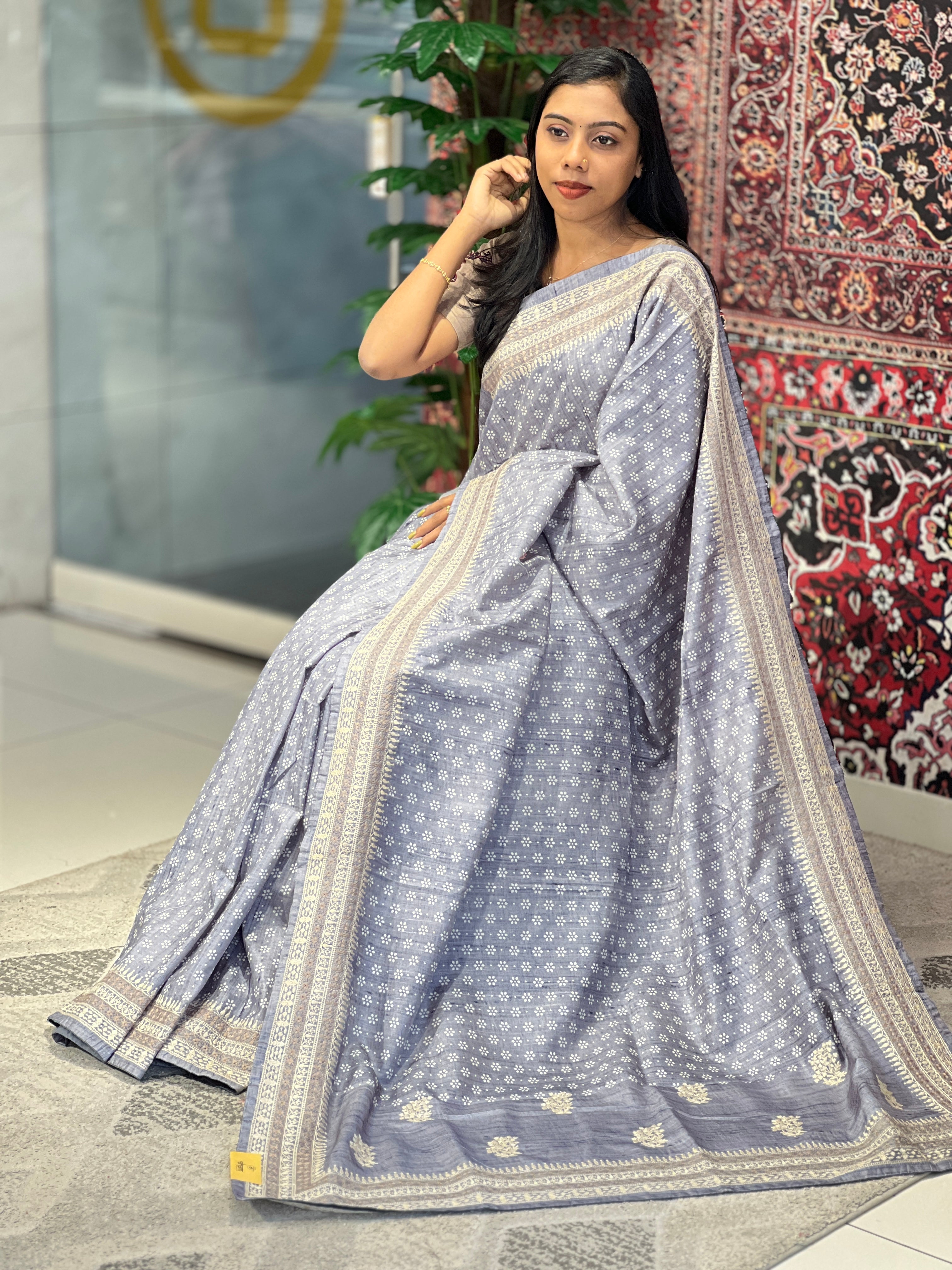 Printed Machine Embroidery Detailed Semi Tussar Saree | SVF163