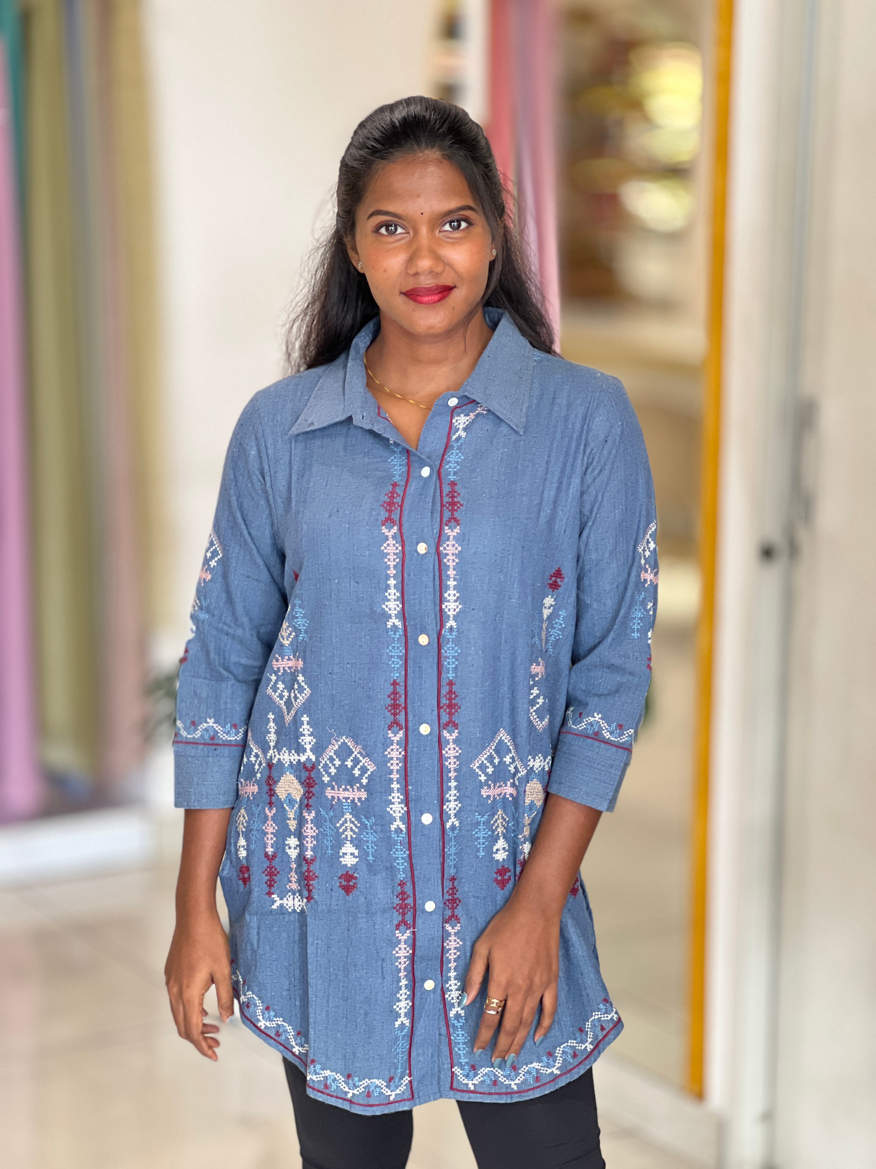 Cross Stitch Mechine Embroidery Kora Cotton Short Kurta |AOR102