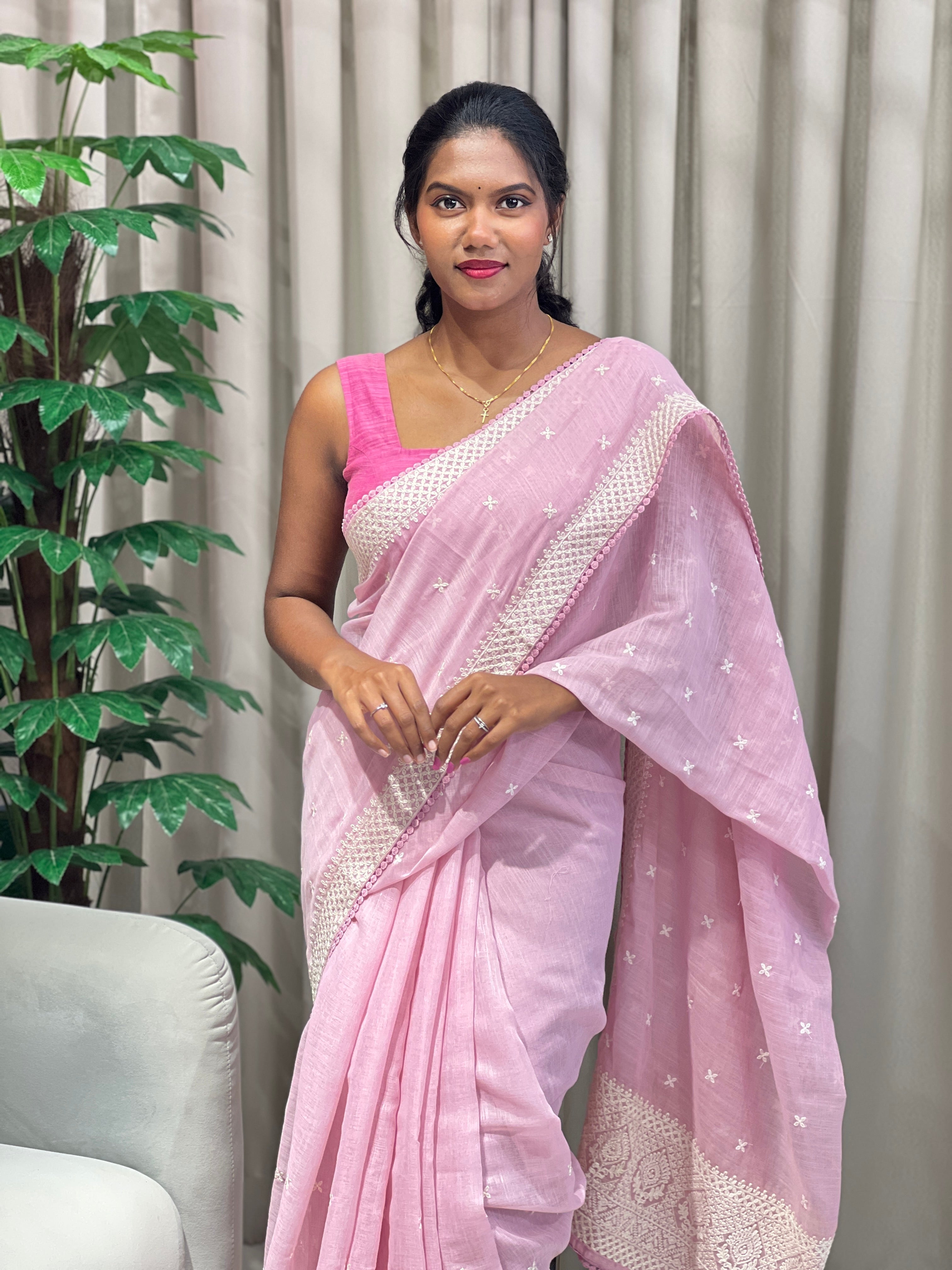 Machine Embroidery Detailed Semi Linen Saree | BLD2075