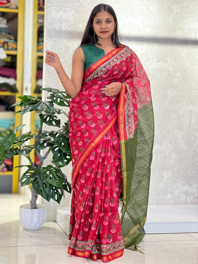 Block Printed Chanderi Finish Saree | US219