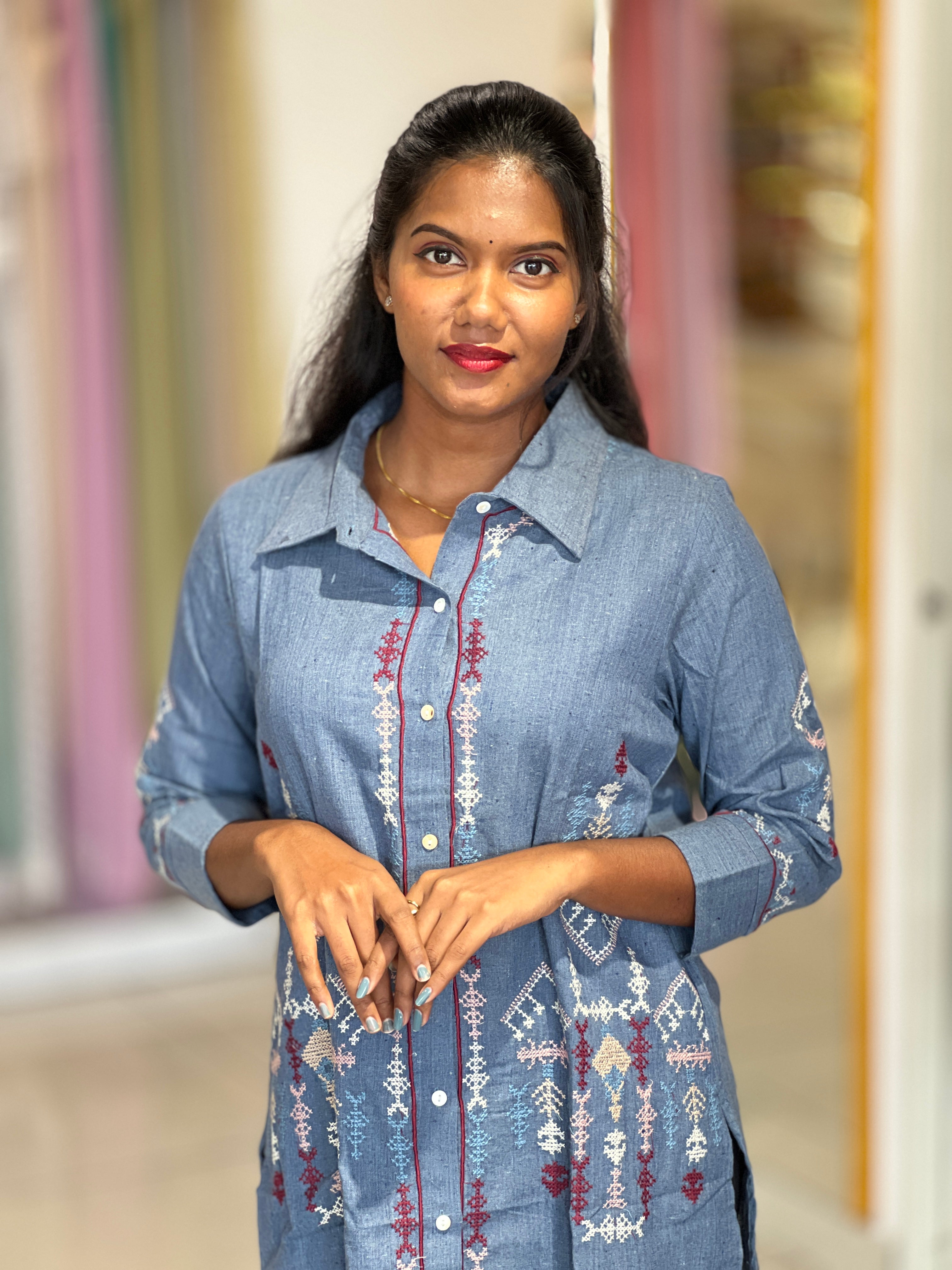 Cross Stitch Mechine Embroidery Kora Cotton Short Kurta |AOR102