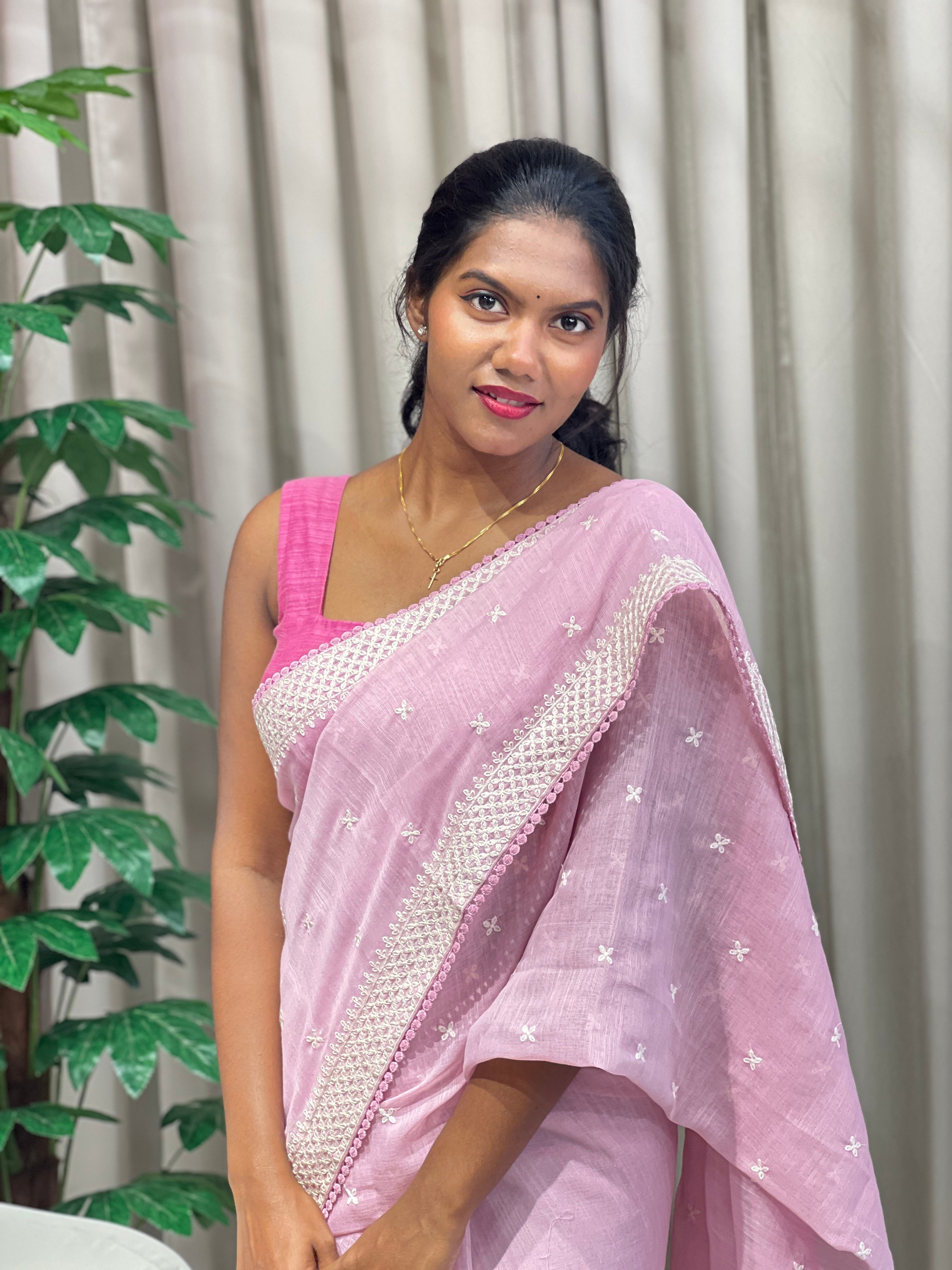 Machine Embroidery Detailed Semi Linen Saree | BLD2075