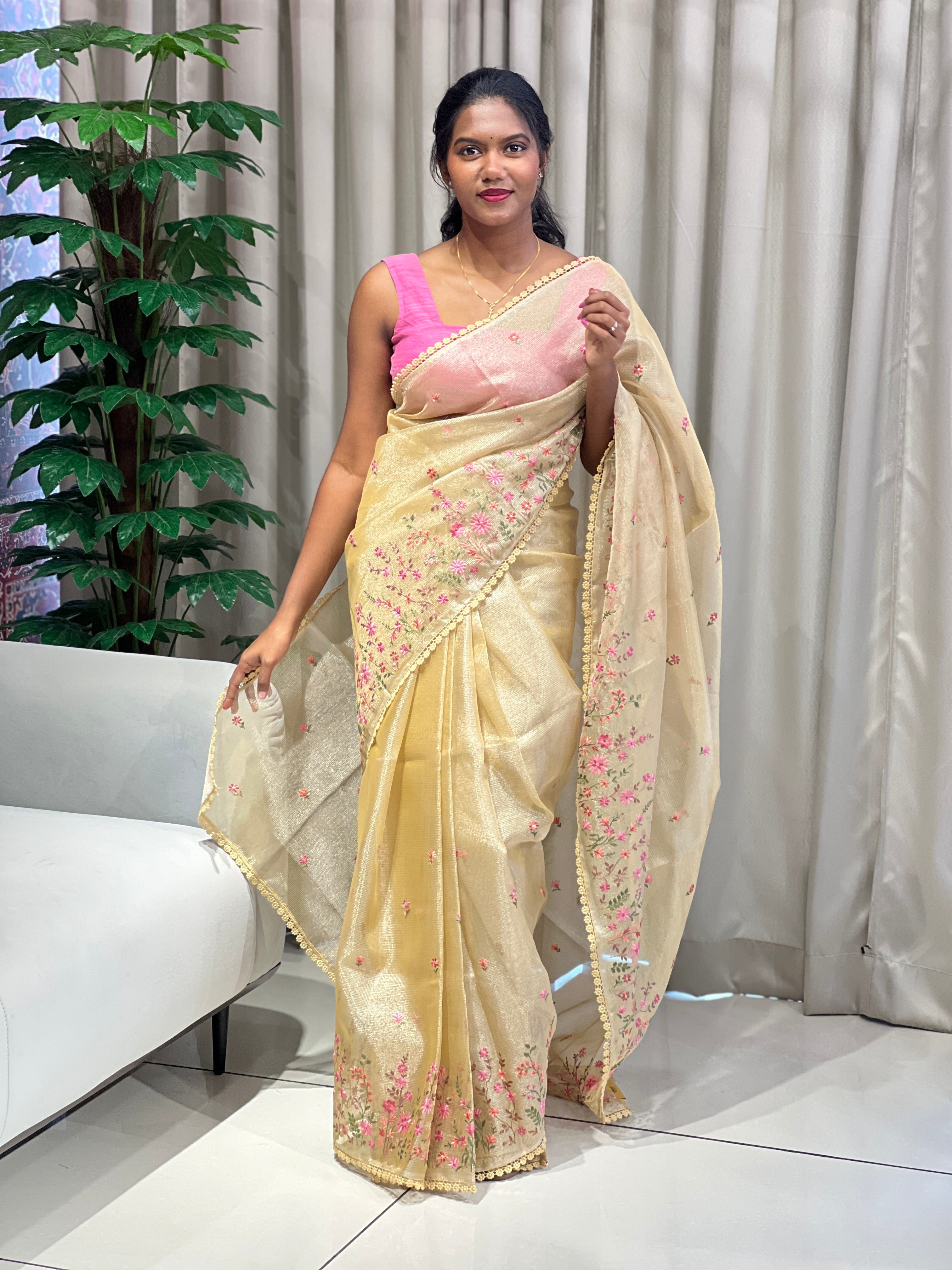 Multi-Color Floral Machine Embroidery Detailed Tissue Organza Saree | PKS111