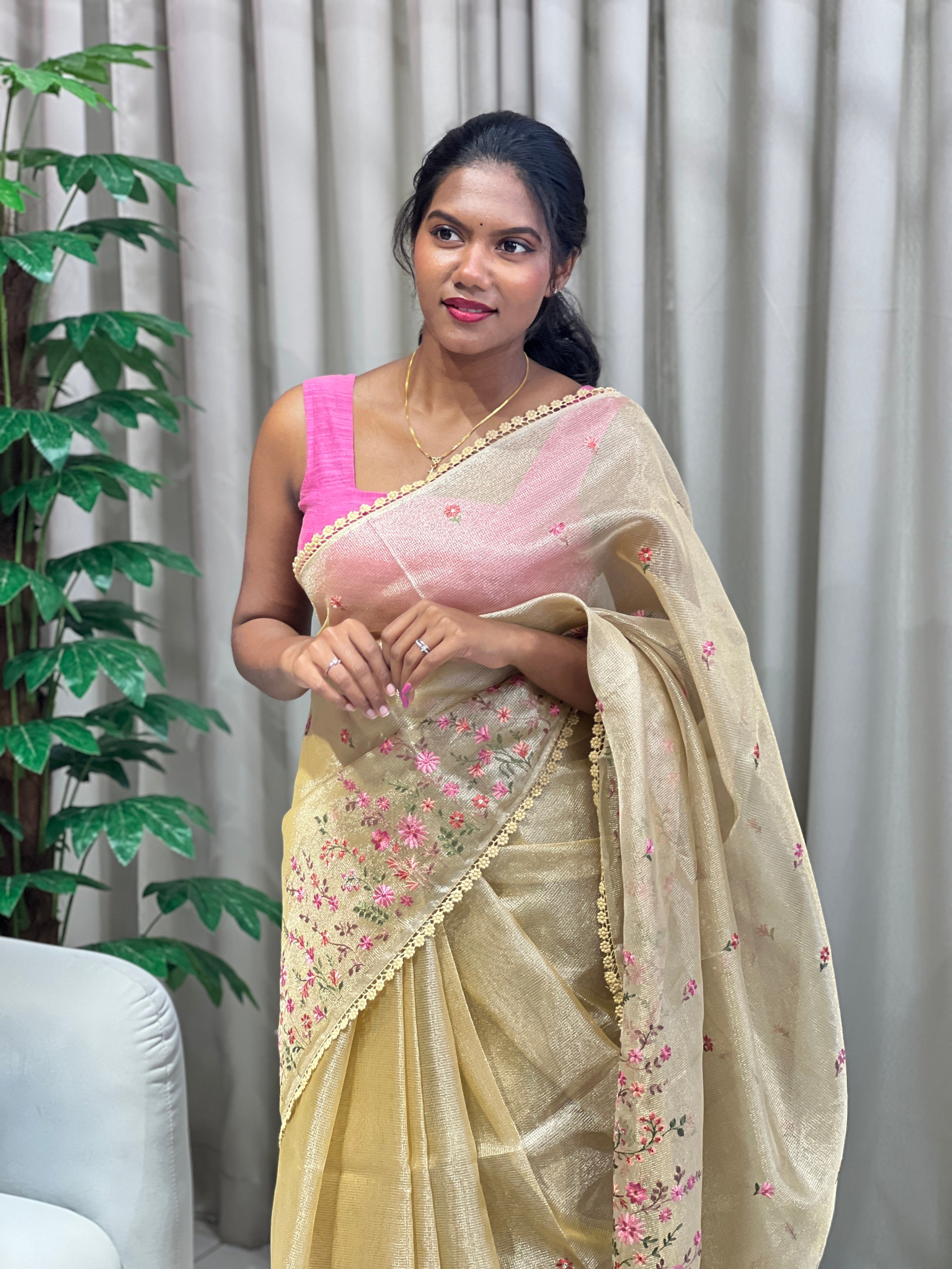 Multi-Color Floral Machine Embroidery Detailed Tissue Organza Saree | PKS111