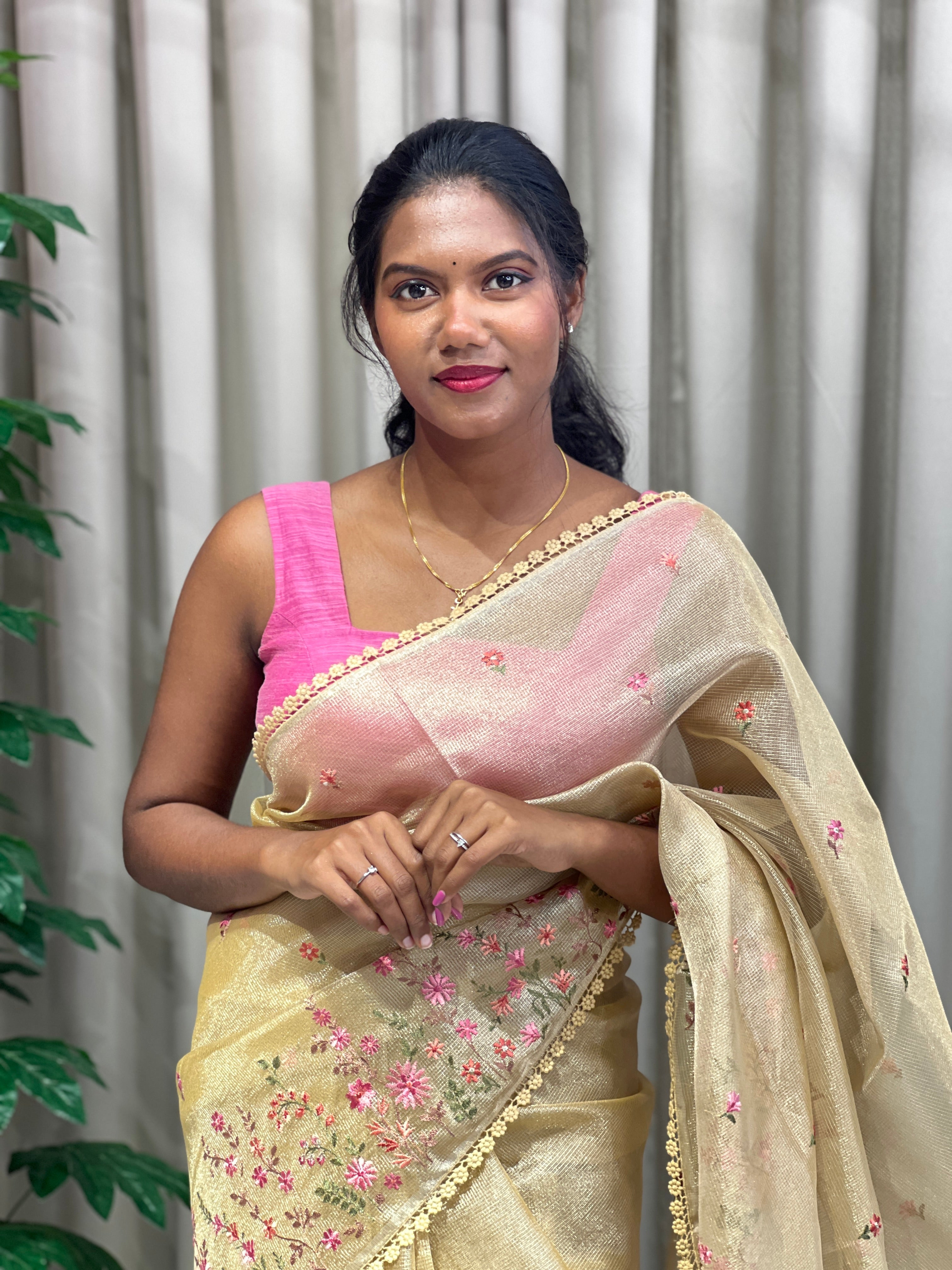 Multi-Color Floral Machine Embroidery Detailed Tissue Organza Saree | PKS111