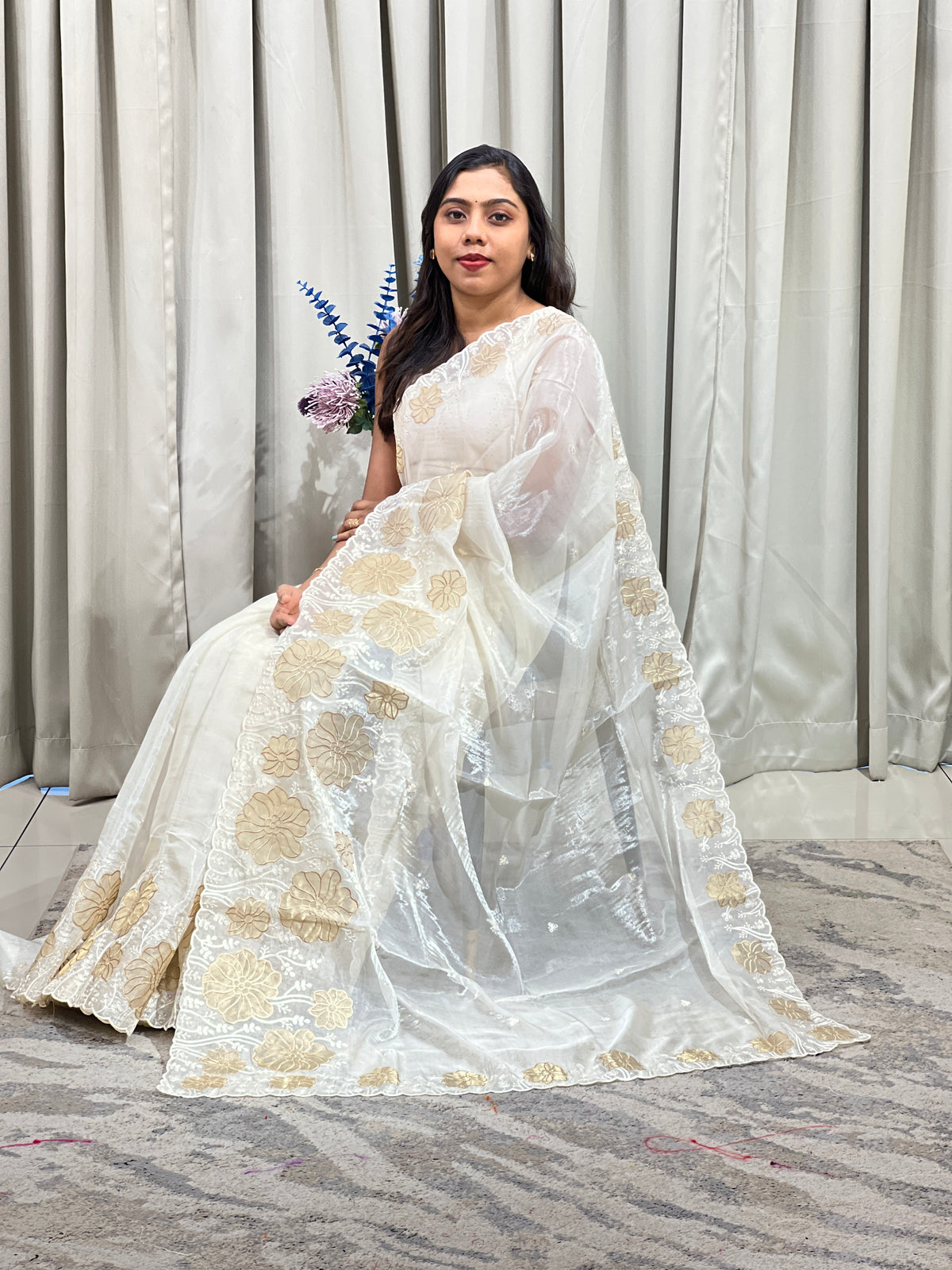 Floral Applique Organza Saree | HT544