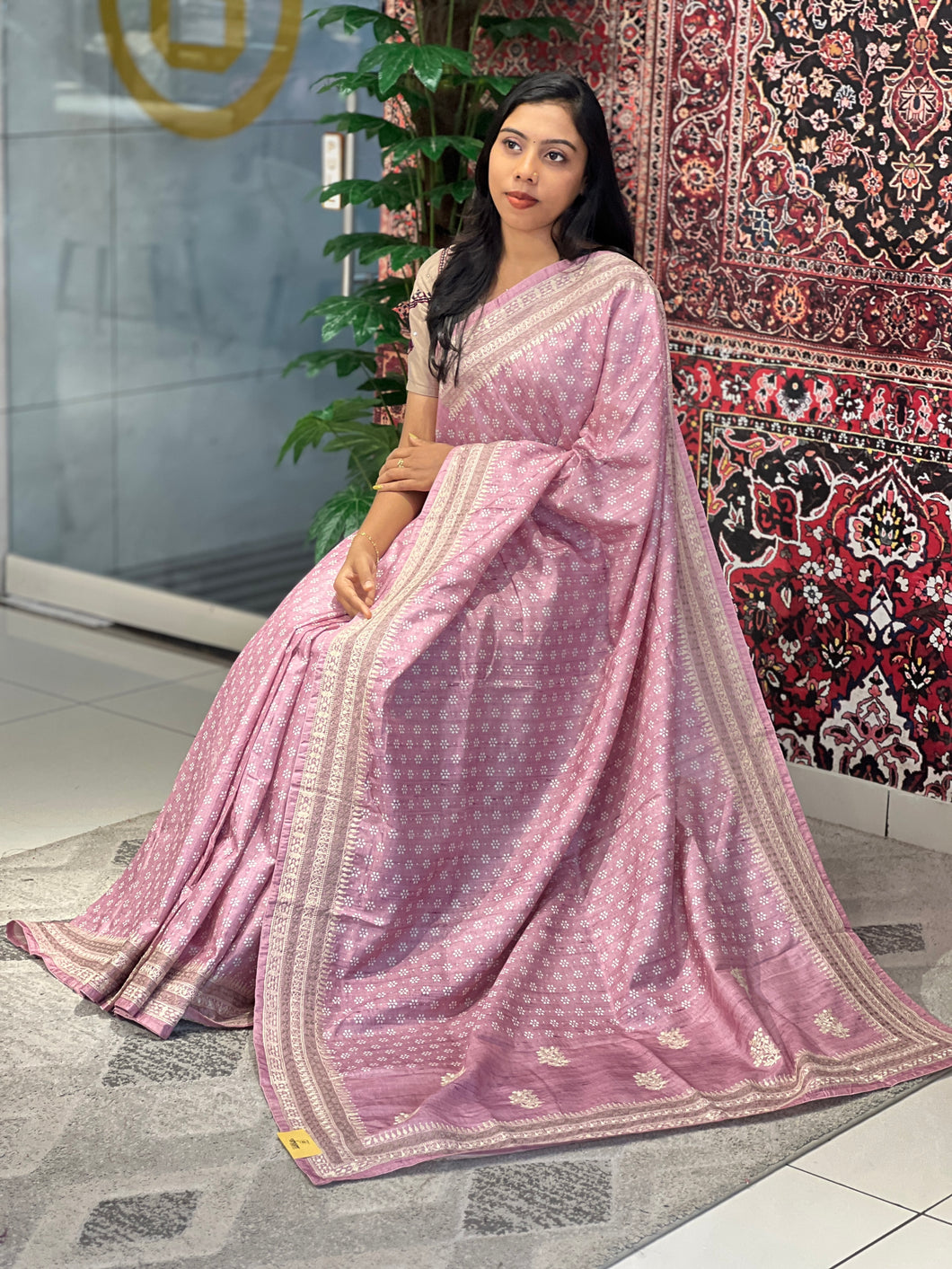 Printed Machine Embroidery Detailed Semi Tussar Saree | SVF162