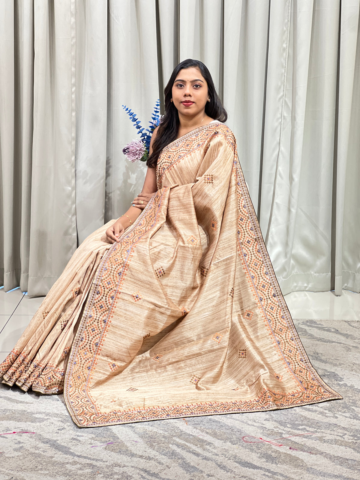 Kutch Work Embroider Semi Tussar Saree | SBS1457