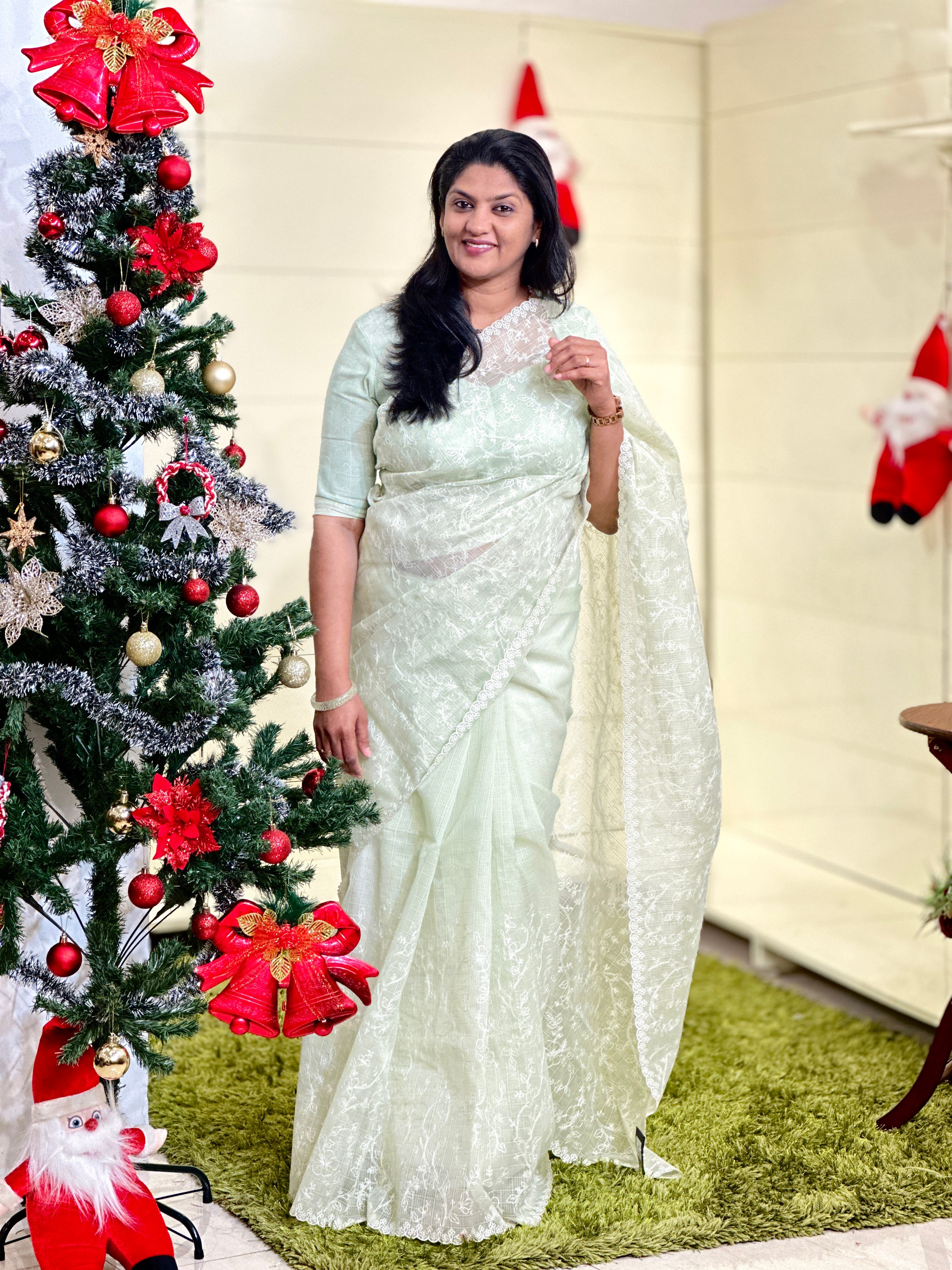 Floral Thread Embroidered Check Organza Saree | BLD1563