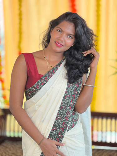 Printed Patch Detailed Kerala Cotton Saree | KAC210