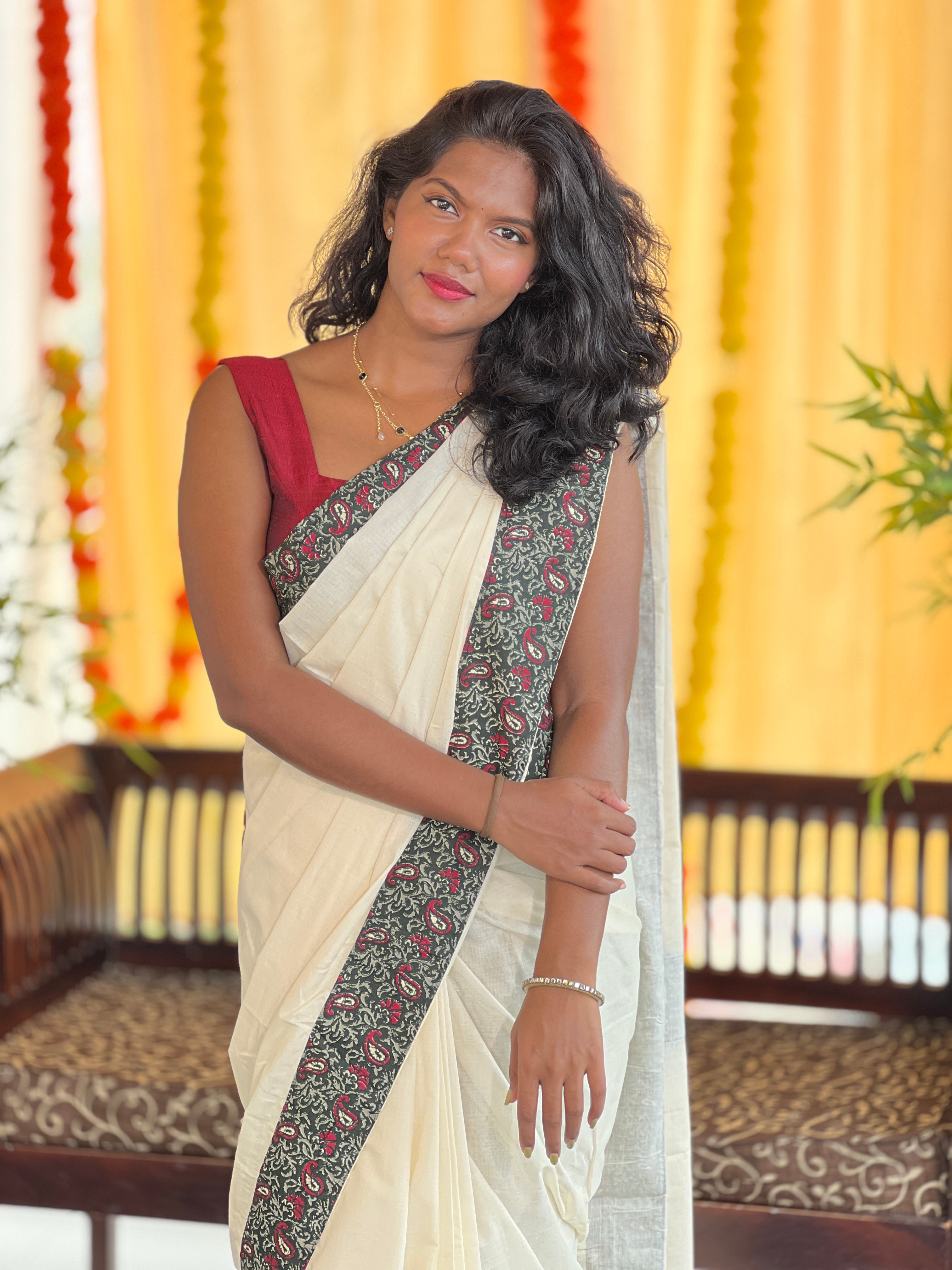 Printed Patch Detailed Kerala Cotton Saree | KAC210