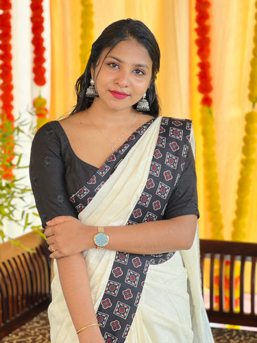Printed Patch Detailed Kerala Cotton Saree | KAC209