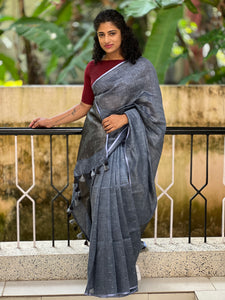 Horizontal  Lurex Yarns Stripe Weaving Pattern Linen Saree | DLS198