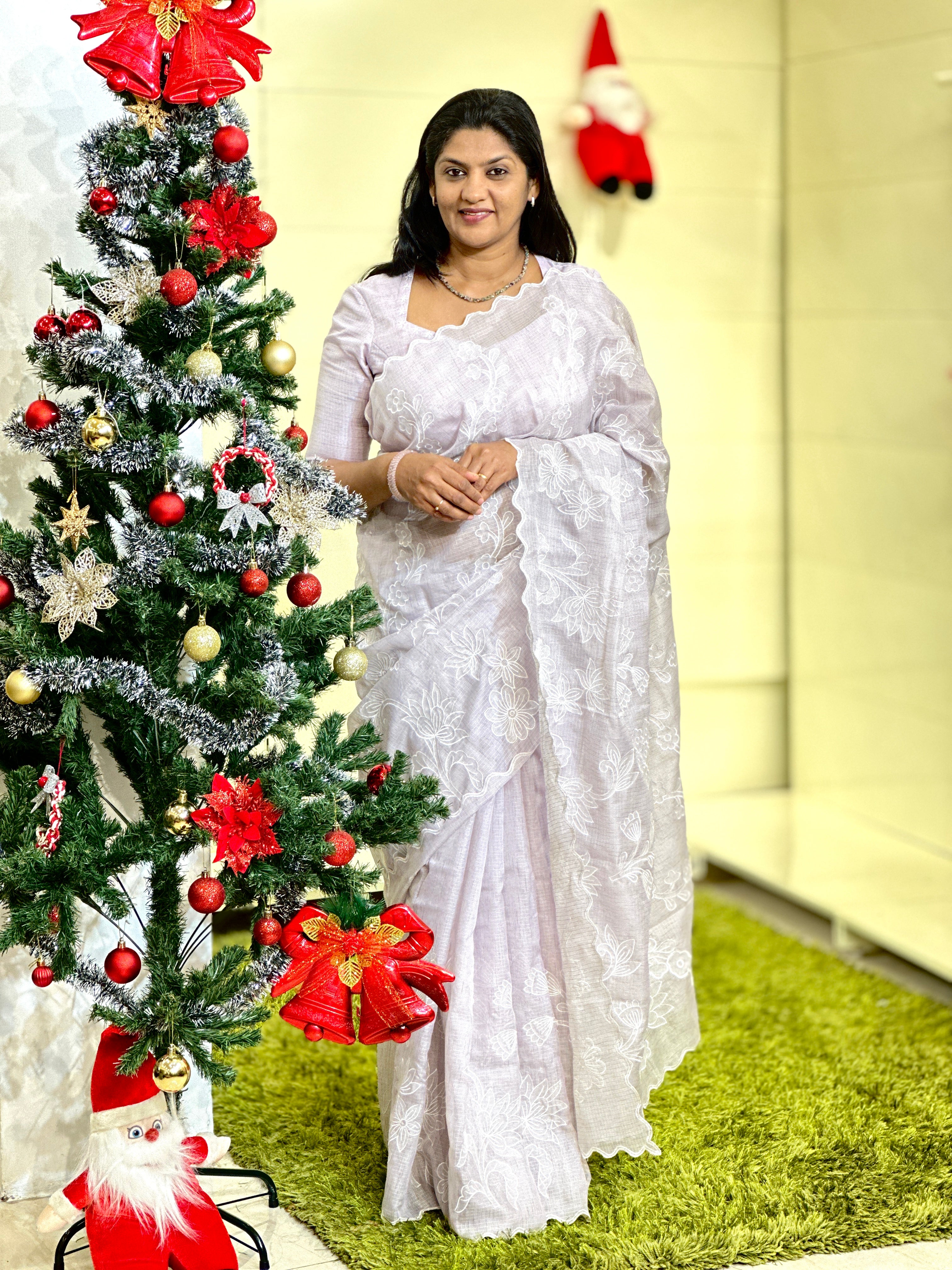 Floral Applique Embroidered Check Organza Saree | BLD1609