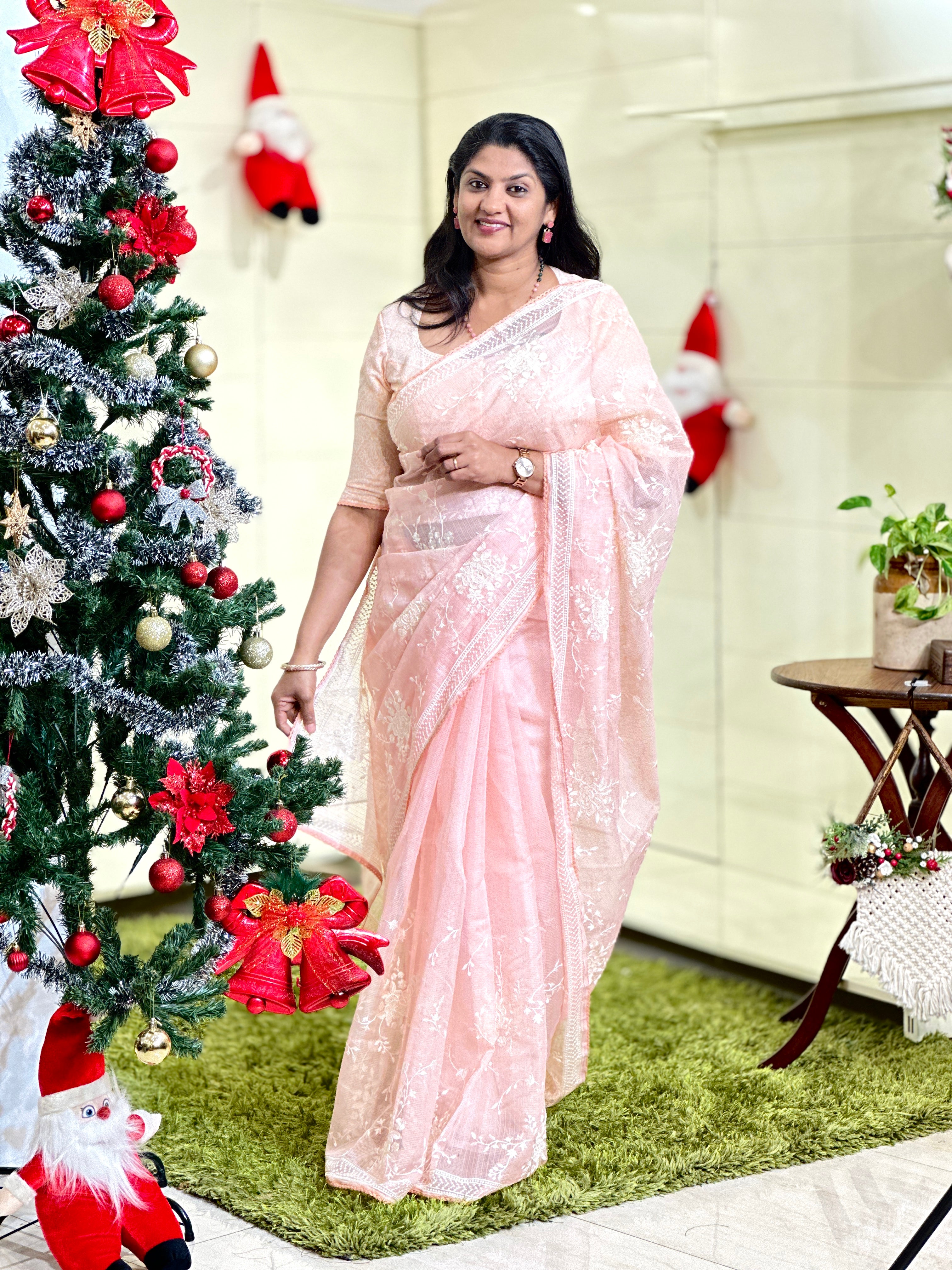 Machine Embroidery Detailed Check Organza Saree | BLD1557