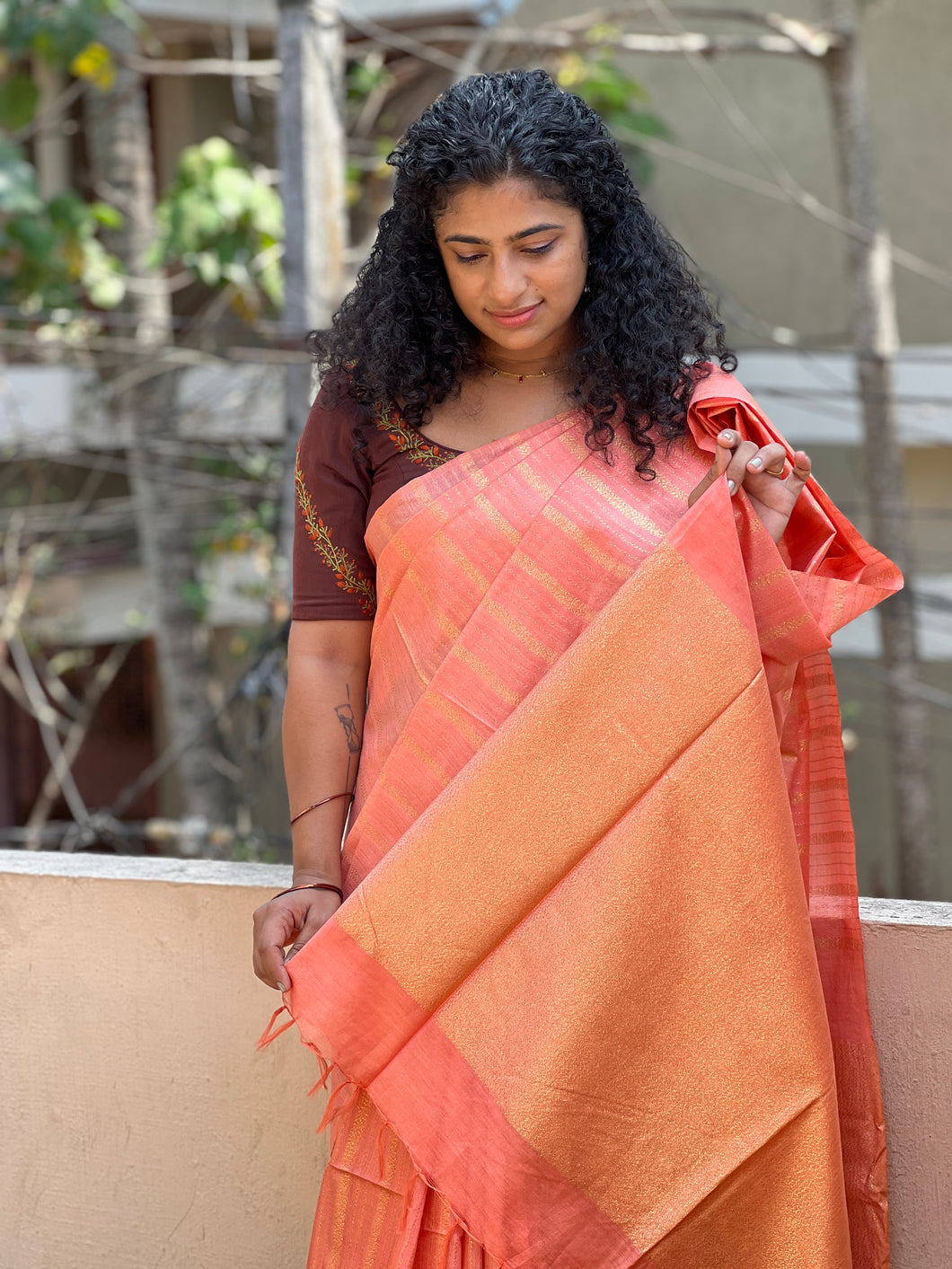 Stripe Weaved Bhagalpuri Linen Saree | SK302