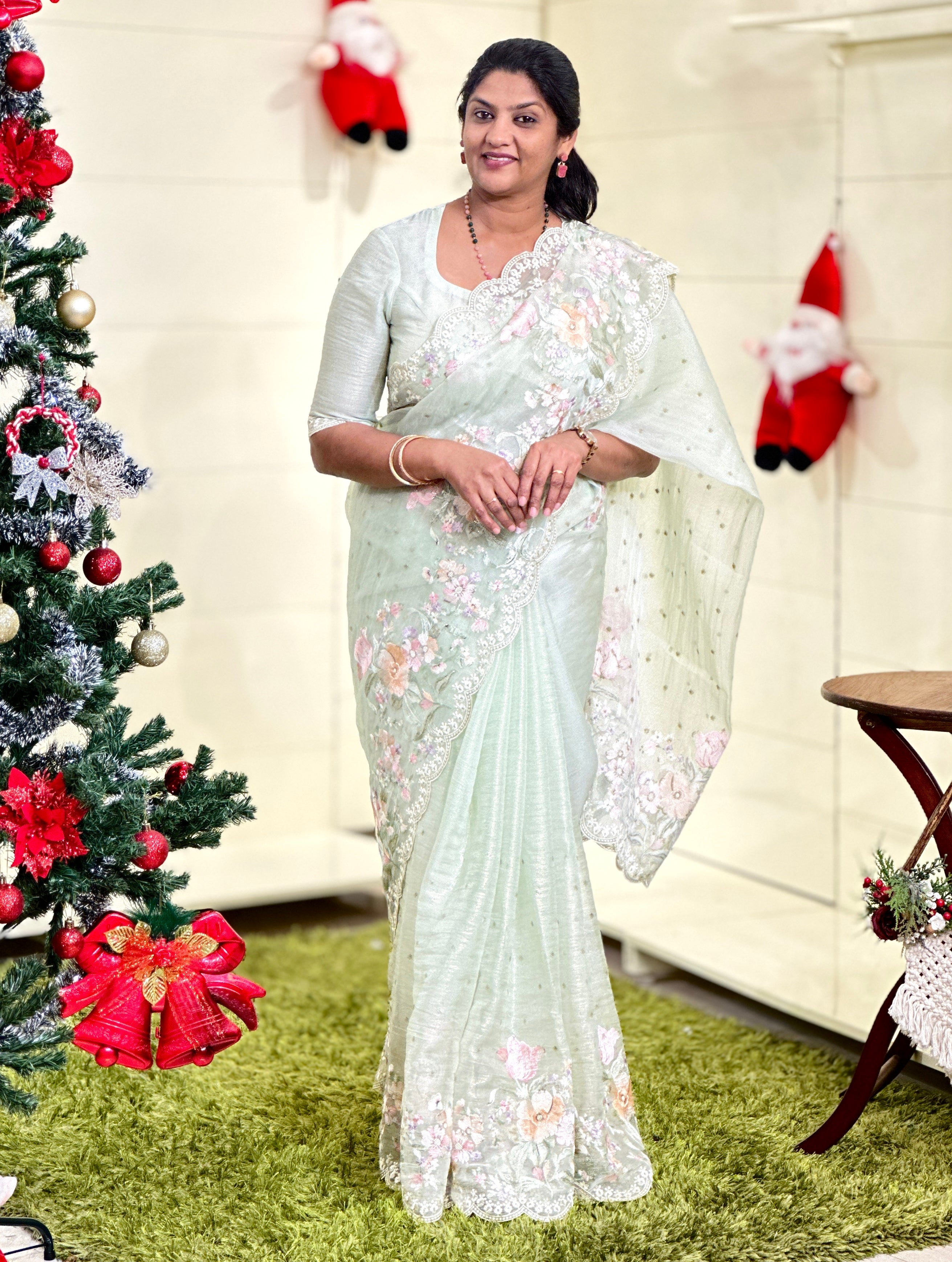 Multicolour Floral Machine Embroidery Detailed Crushed Viscose Organza Saree | BLD1687