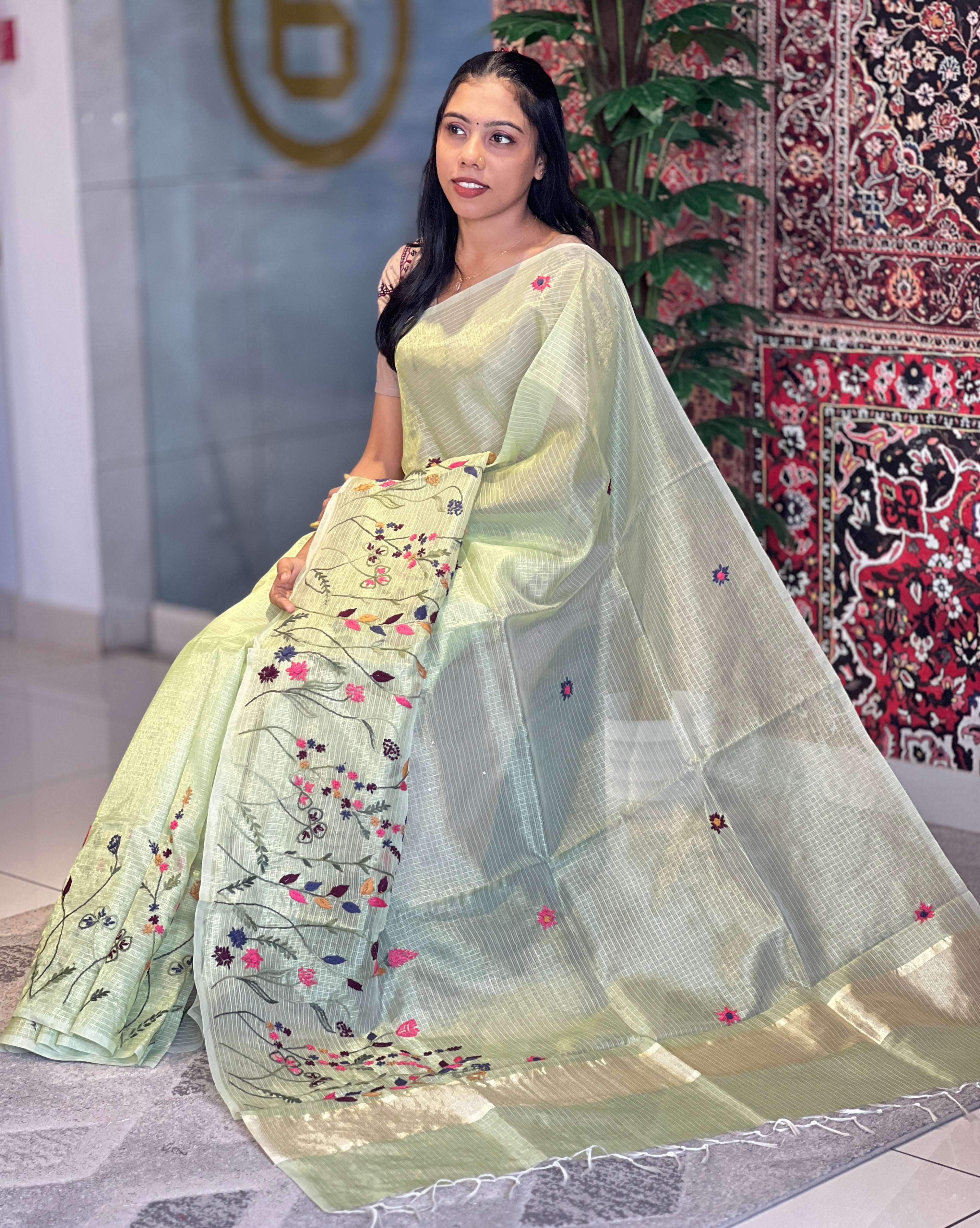 Floral Hand Embroidered Tissue Kota Saree | BLD727