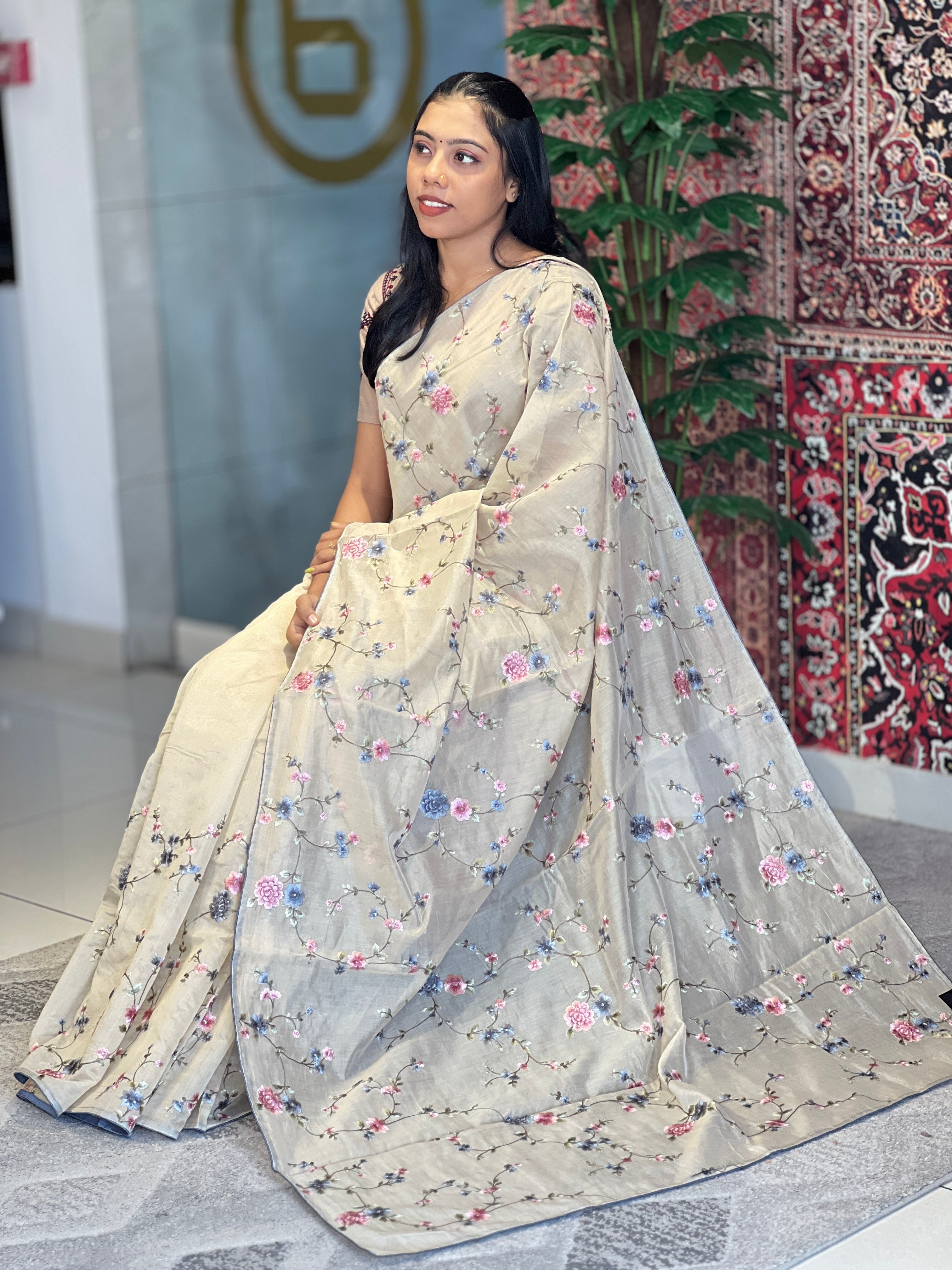 Floral Embroidery Patterned Chanderi Finish Saree | BLD657