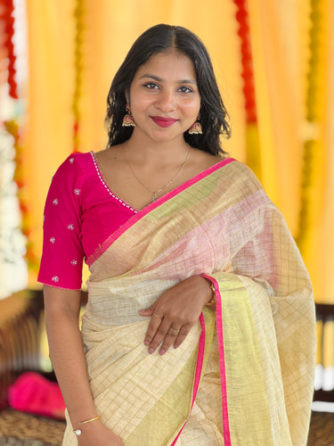Zari Check Patterned Linen Saree | SK442