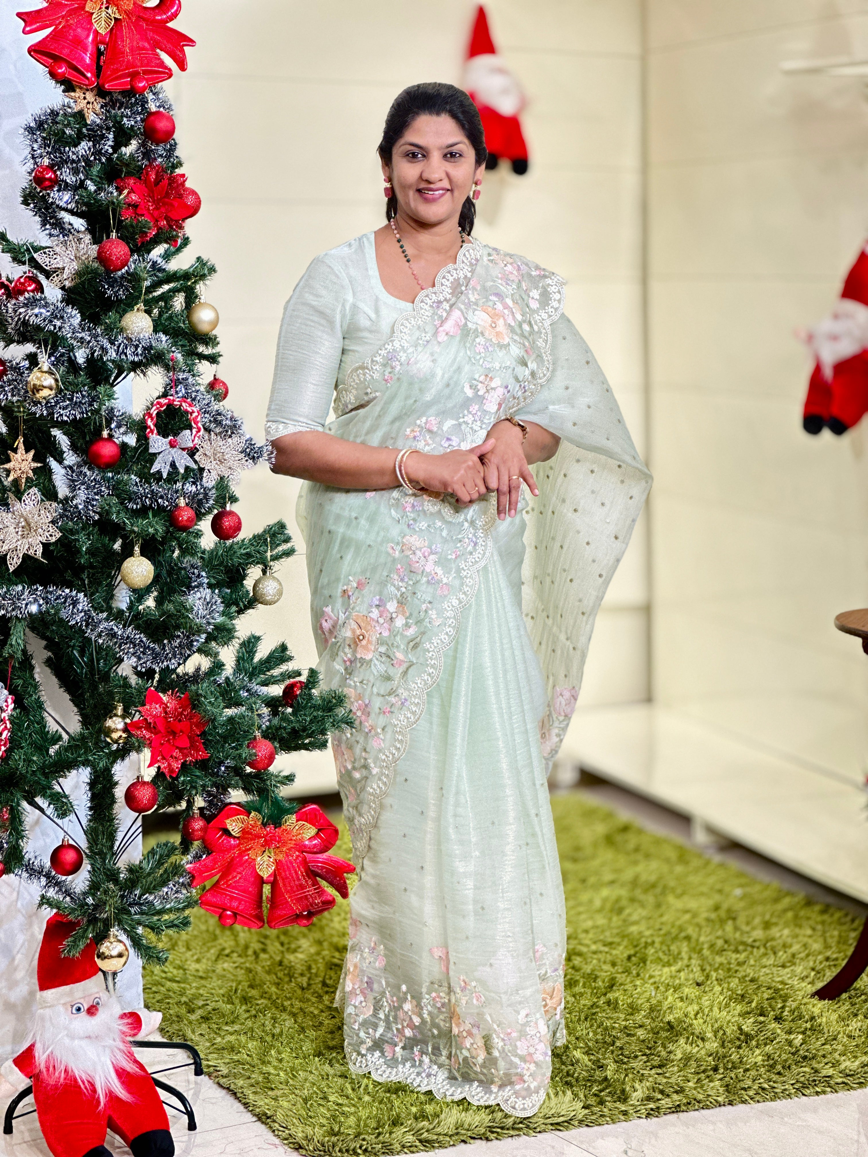 Multicolour Floral Machine Embroidery Detailed Crushed Viscose Organza Saree | BLD1687