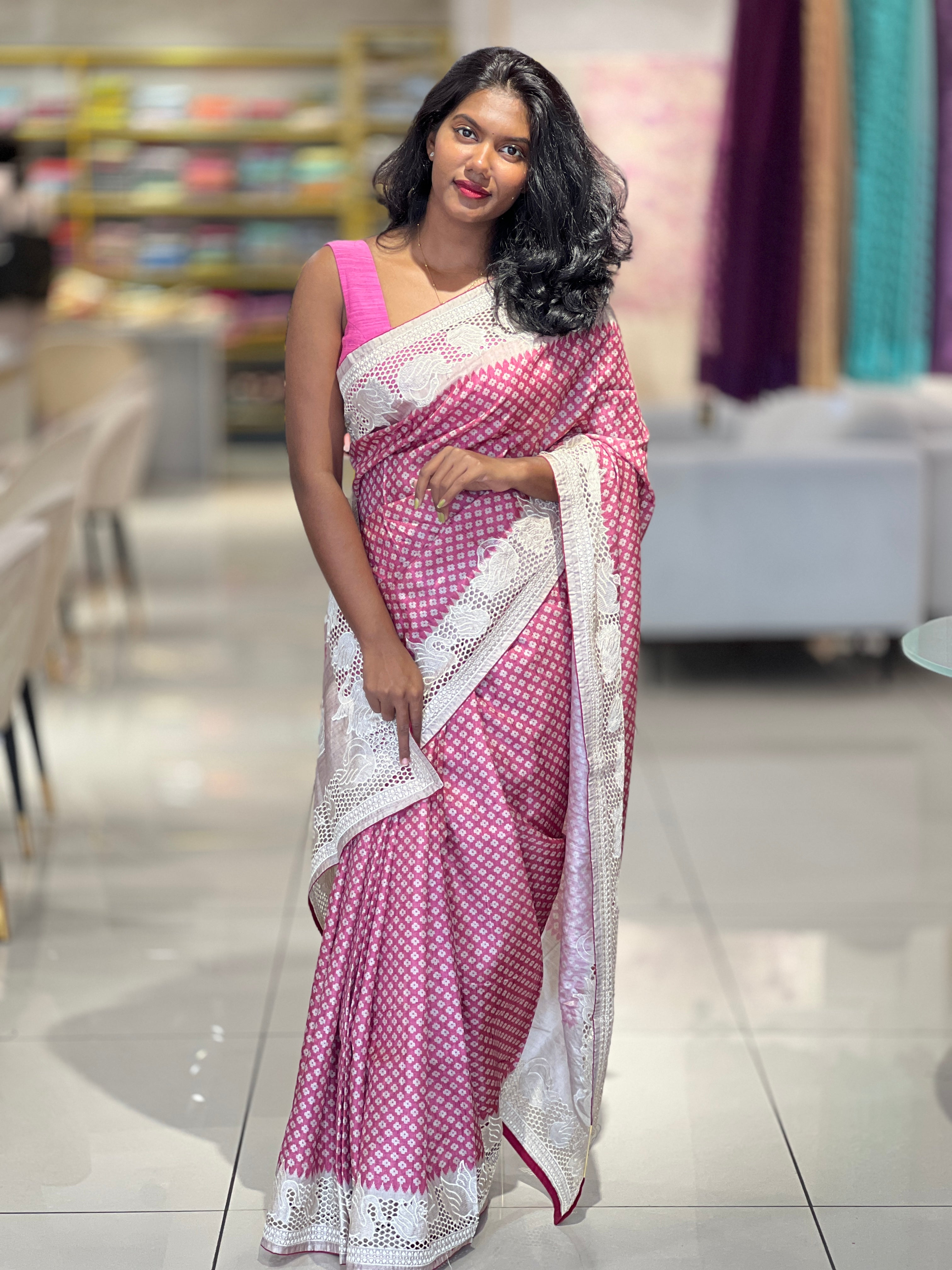 Printed Embroidery & Cutwork Detailed Semi Tussar Saree | SVF176