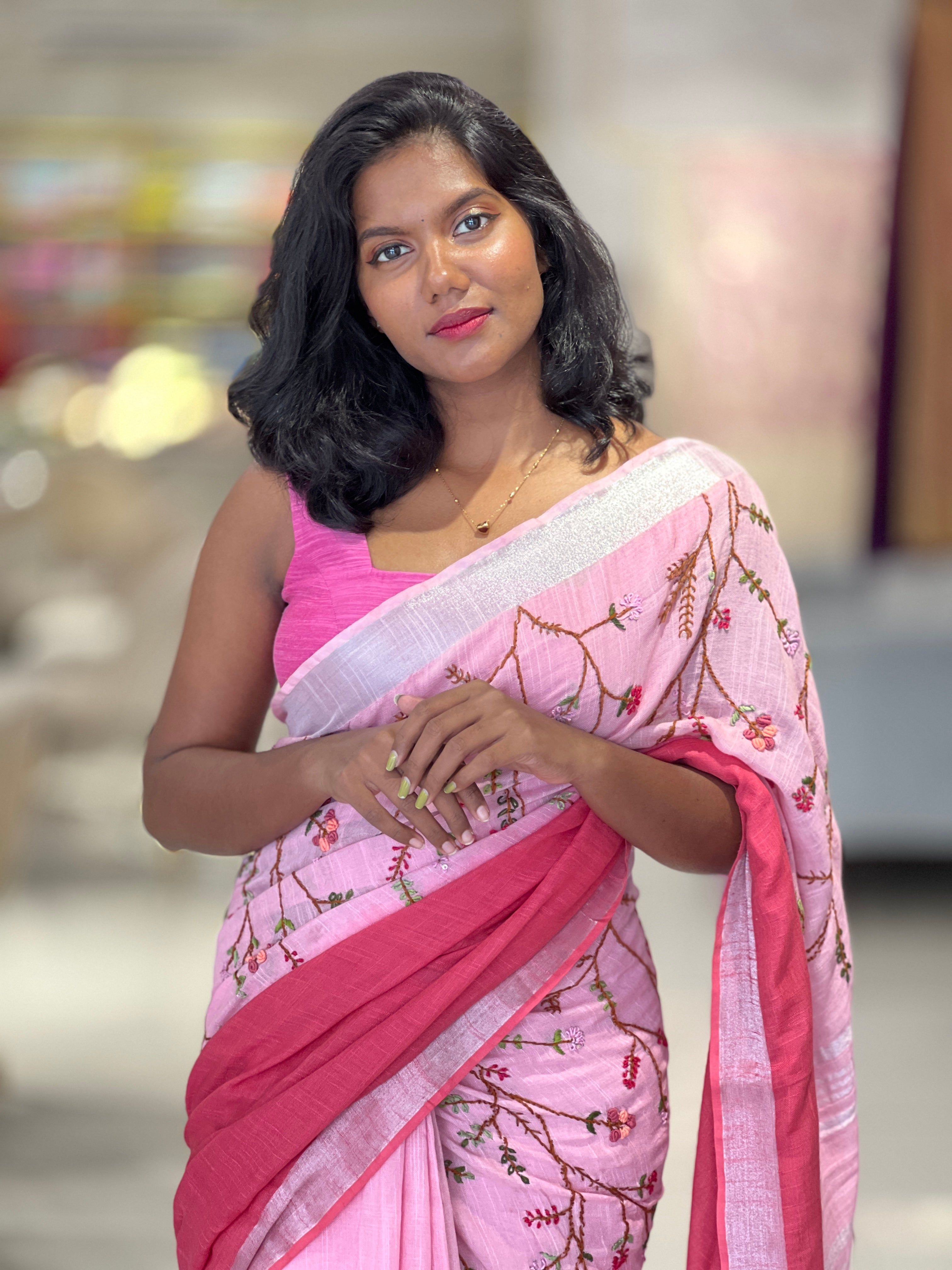 Hand Embroidery Linen Finish Saree | RP553