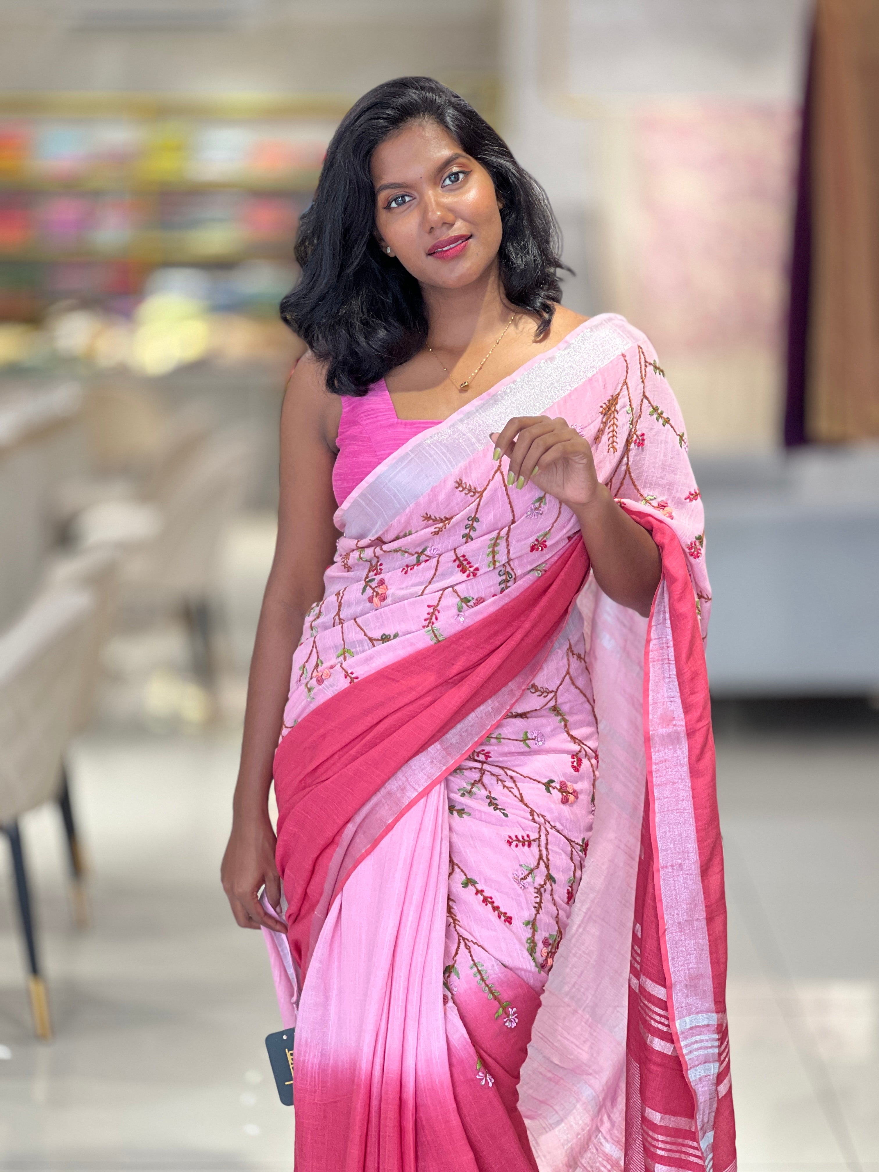 Hand Embroidery Linen Finish Saree | RP553