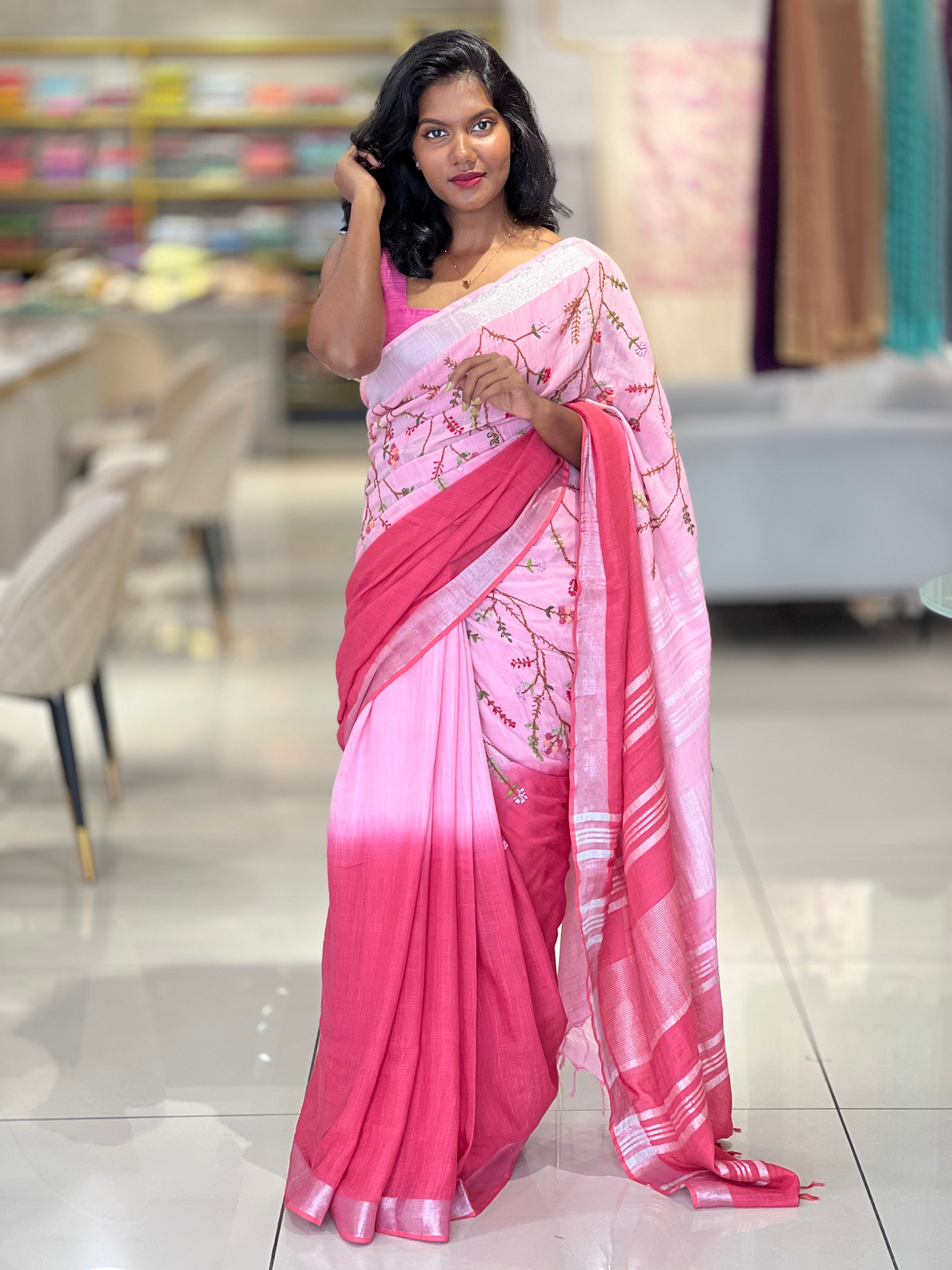 Hand Embroidery Linen Finish Saree | RP553