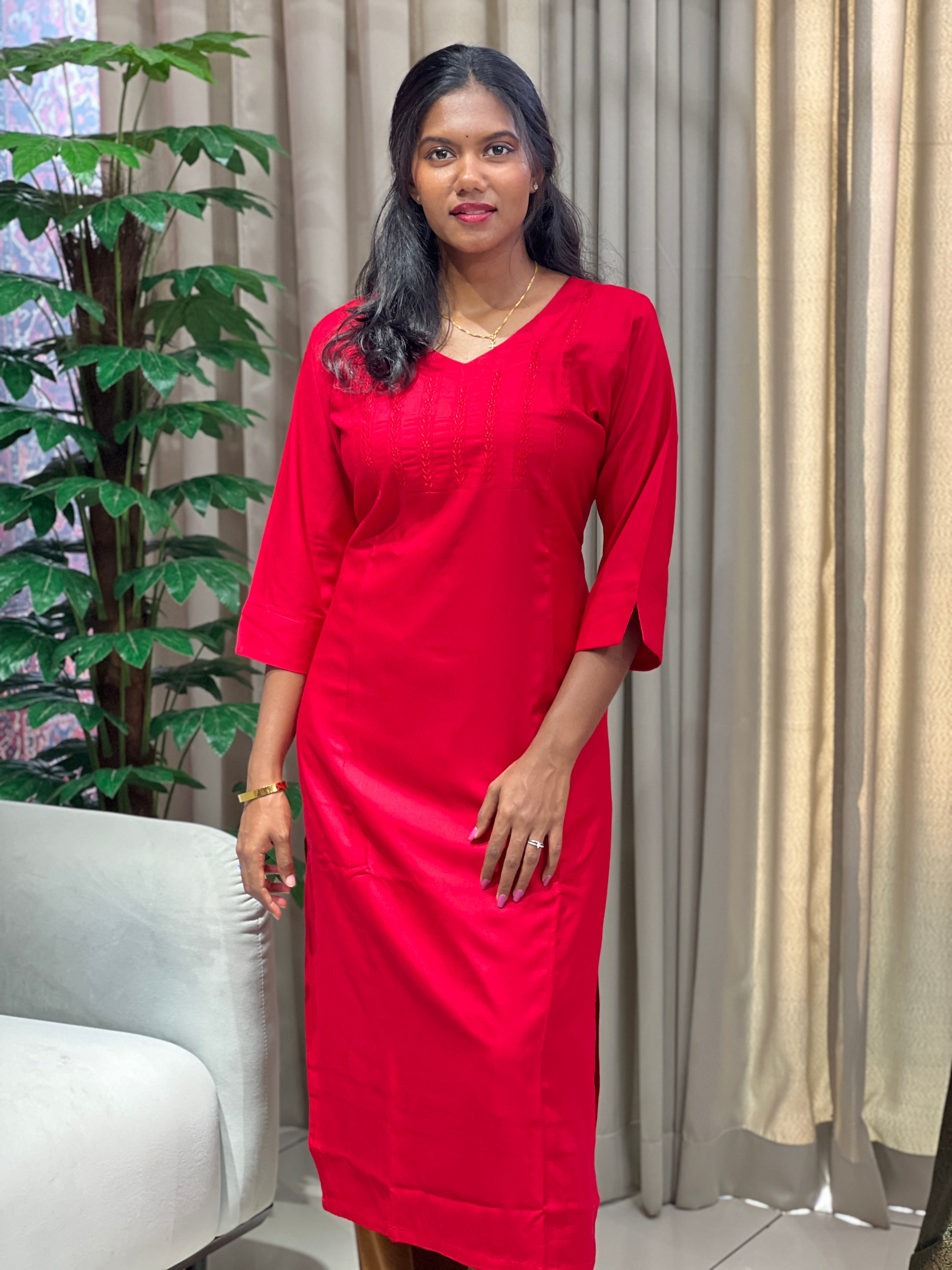 Self Color Embroidery Detailed Cotton Kurta | MLA105