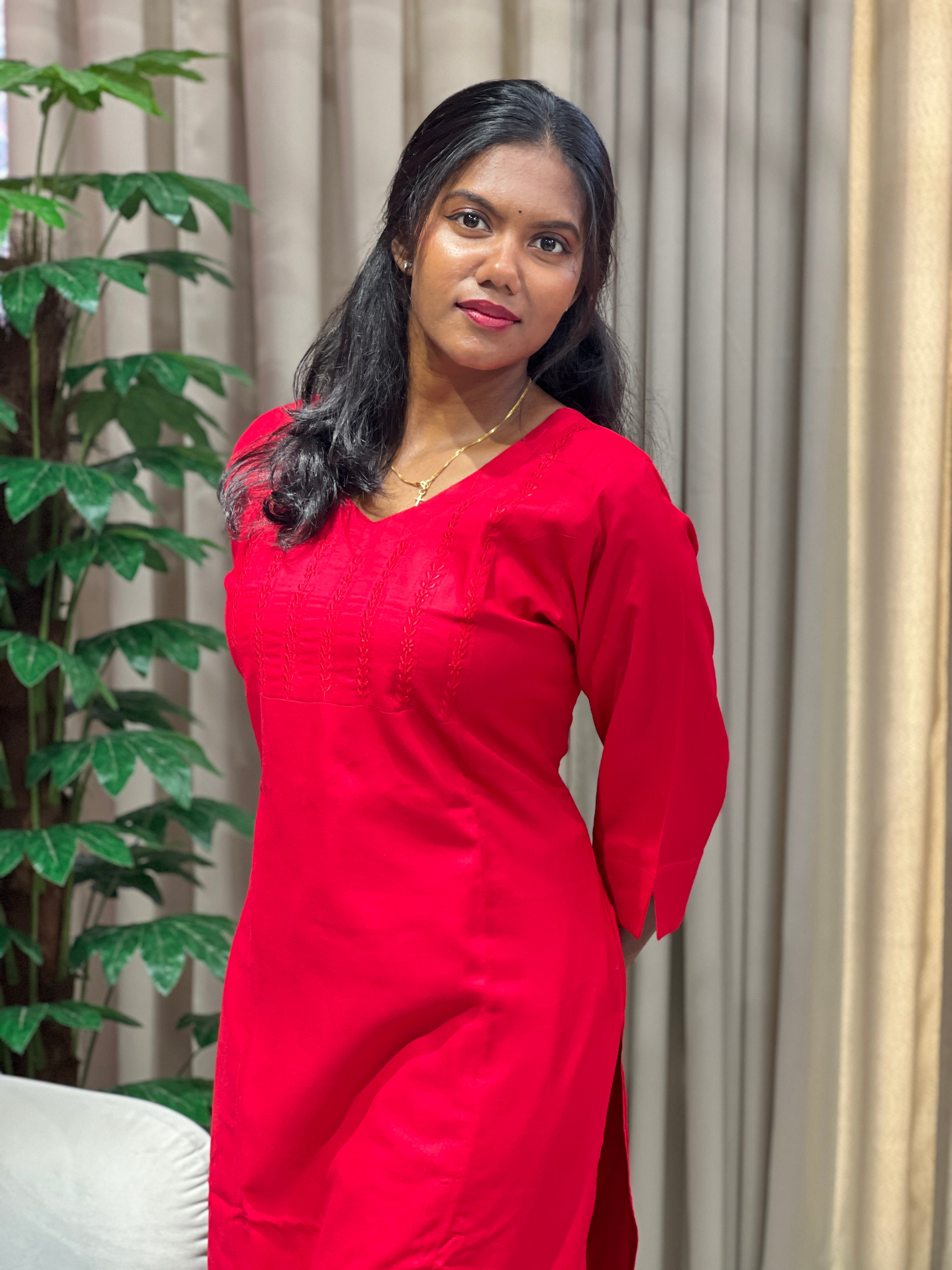 Self Color Embroidery Detailed Cotton Kurta | MLA105