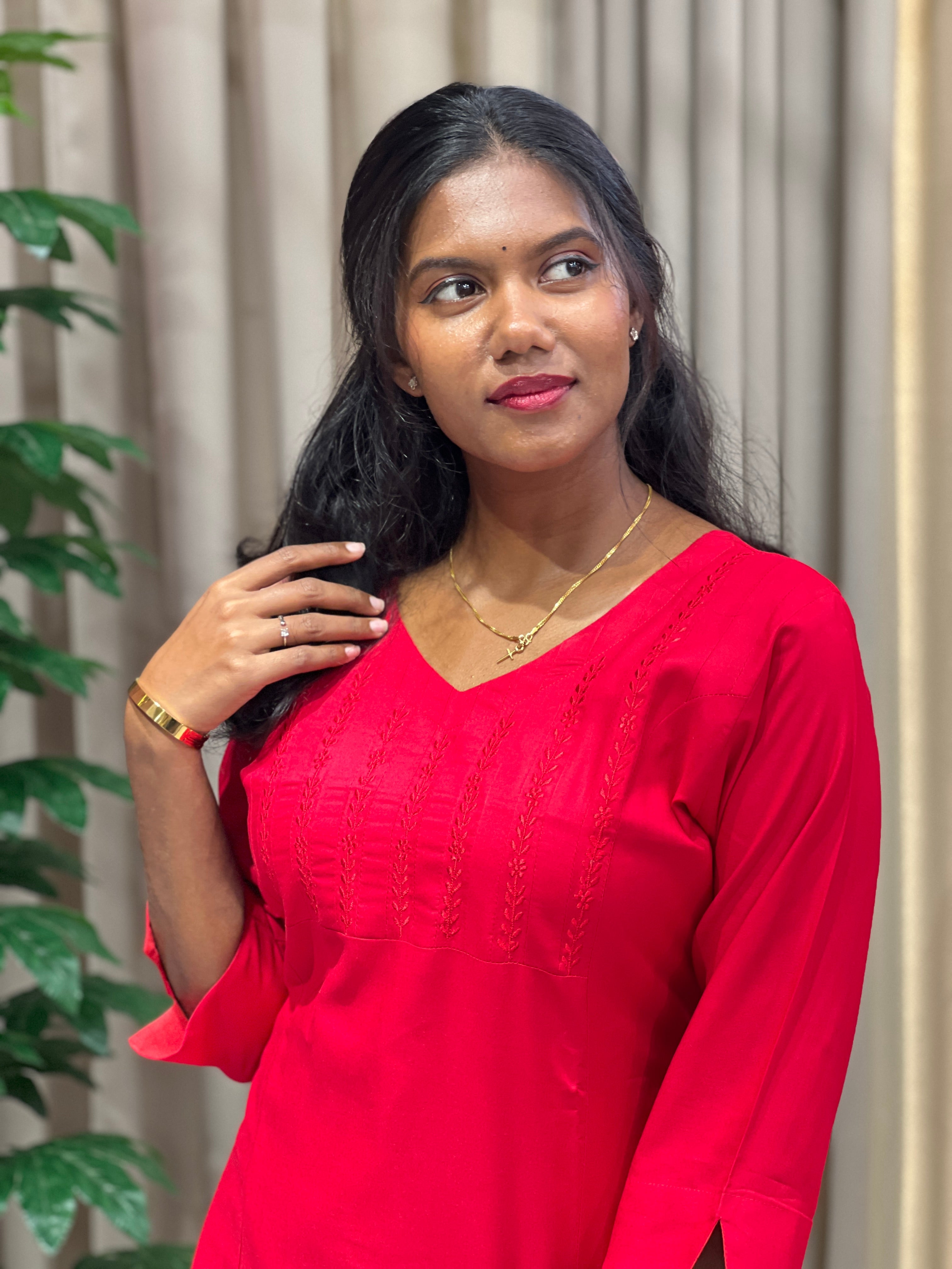 Self Color Embroidery Detailed Cotton Kurta | MLA105