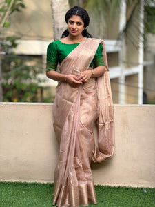 Banarasi Floral Motif With Light  Golden Zari Weaving Pattern Semi Organza Saree  |  NN101