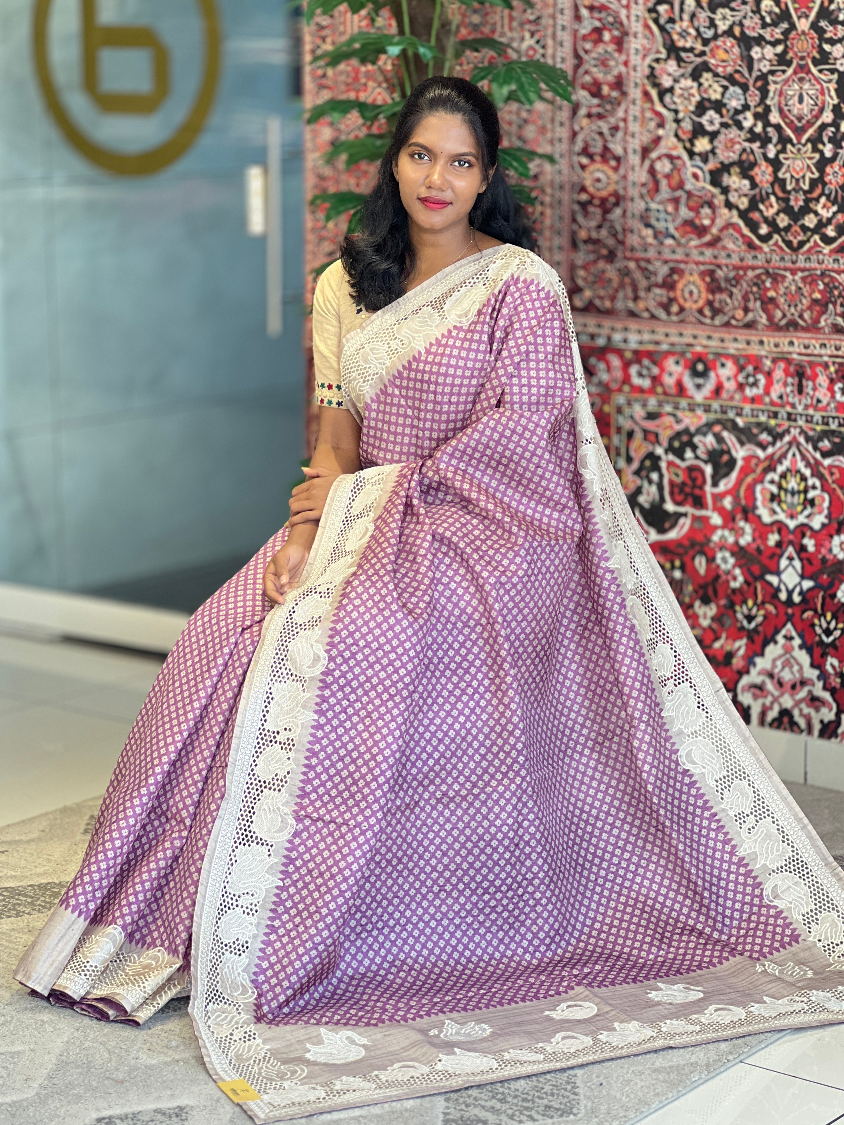 Printed Embroidery & Cutwork Detailed Semi Tussar Saree | SVF175