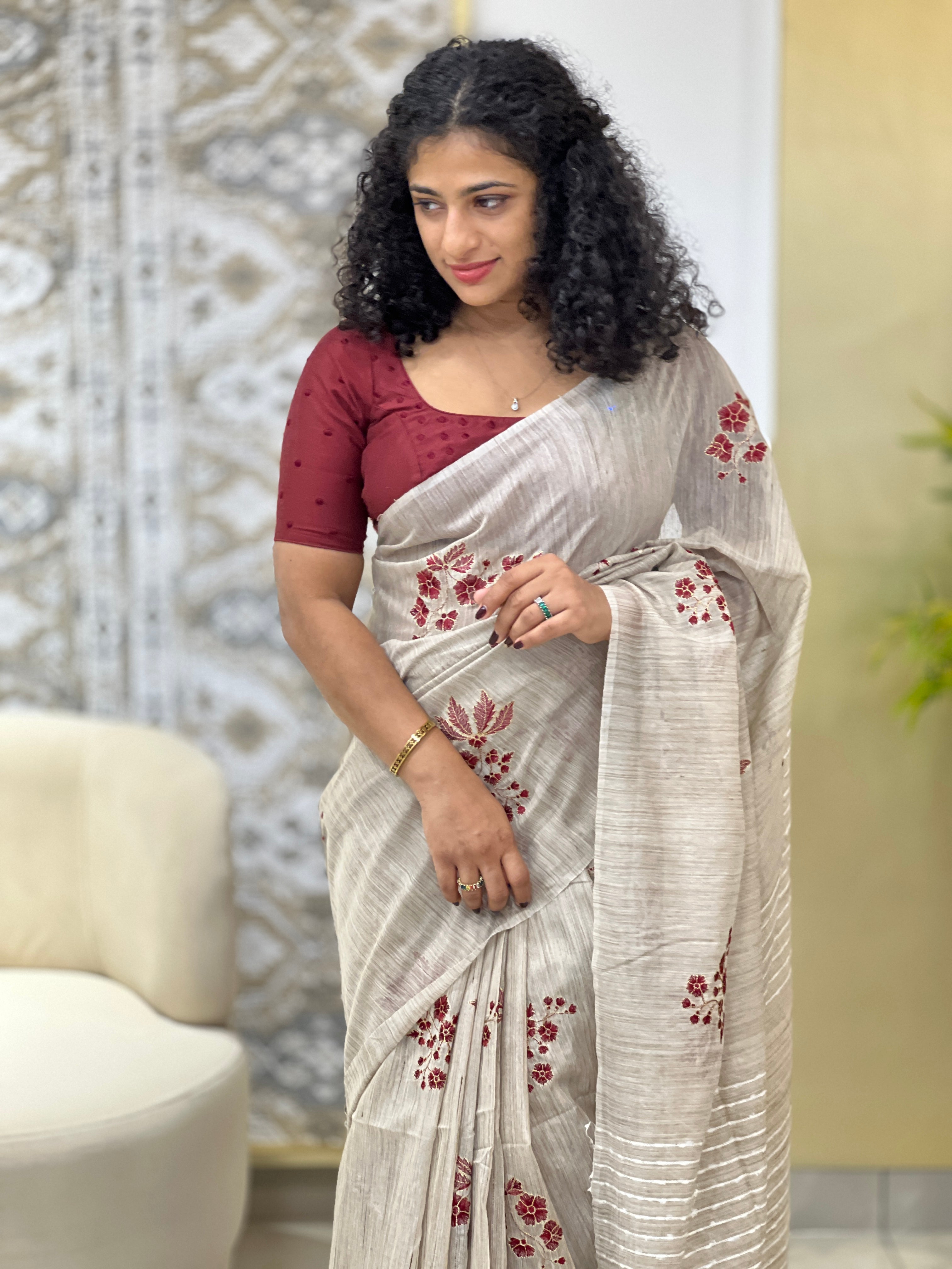 Machine Floral Embroidered Bhagalpuri Saree | DLS294