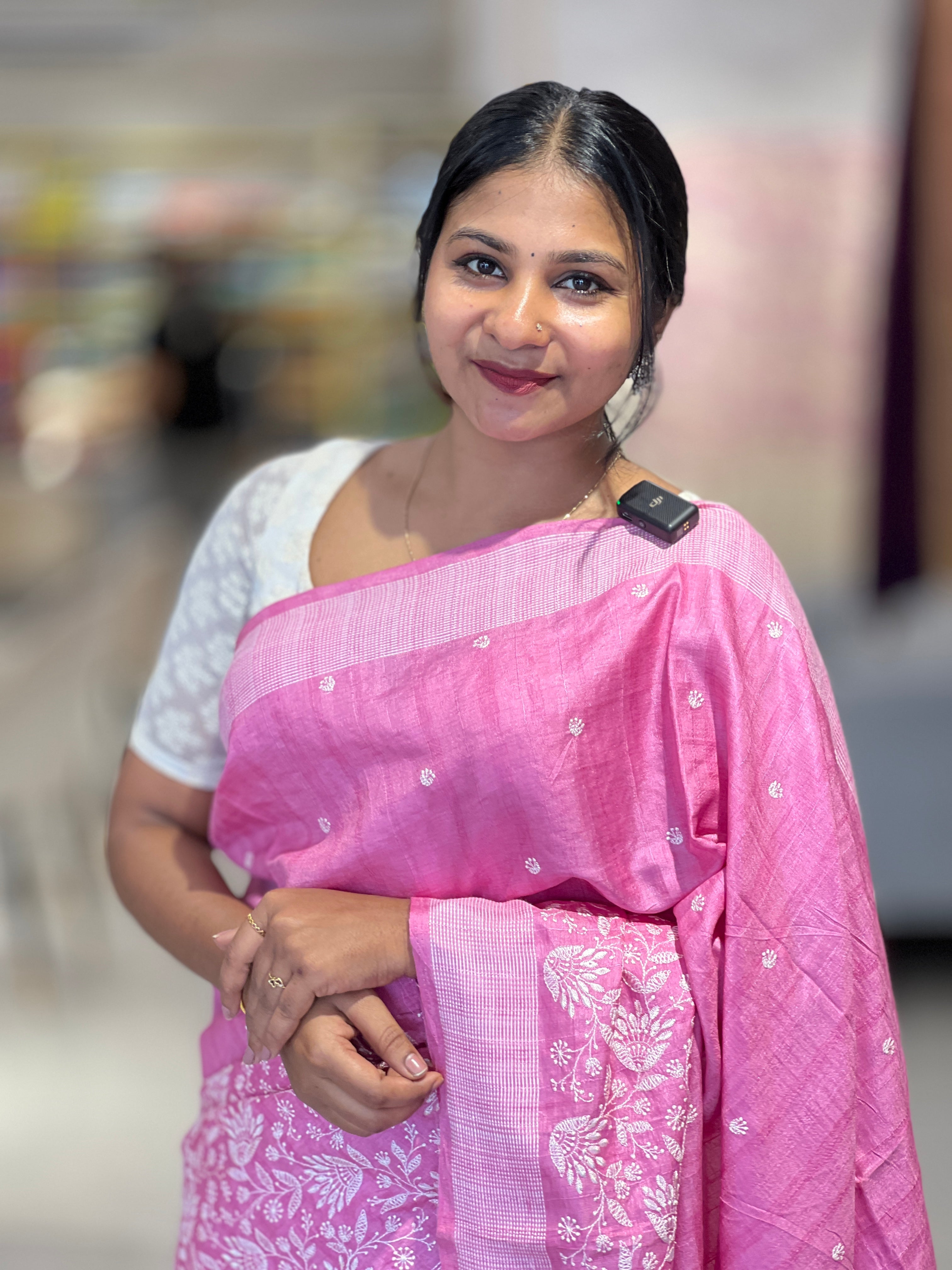 Machine Embroidery Lucknowi Inspired Tussar Finish Saree  | SUN420