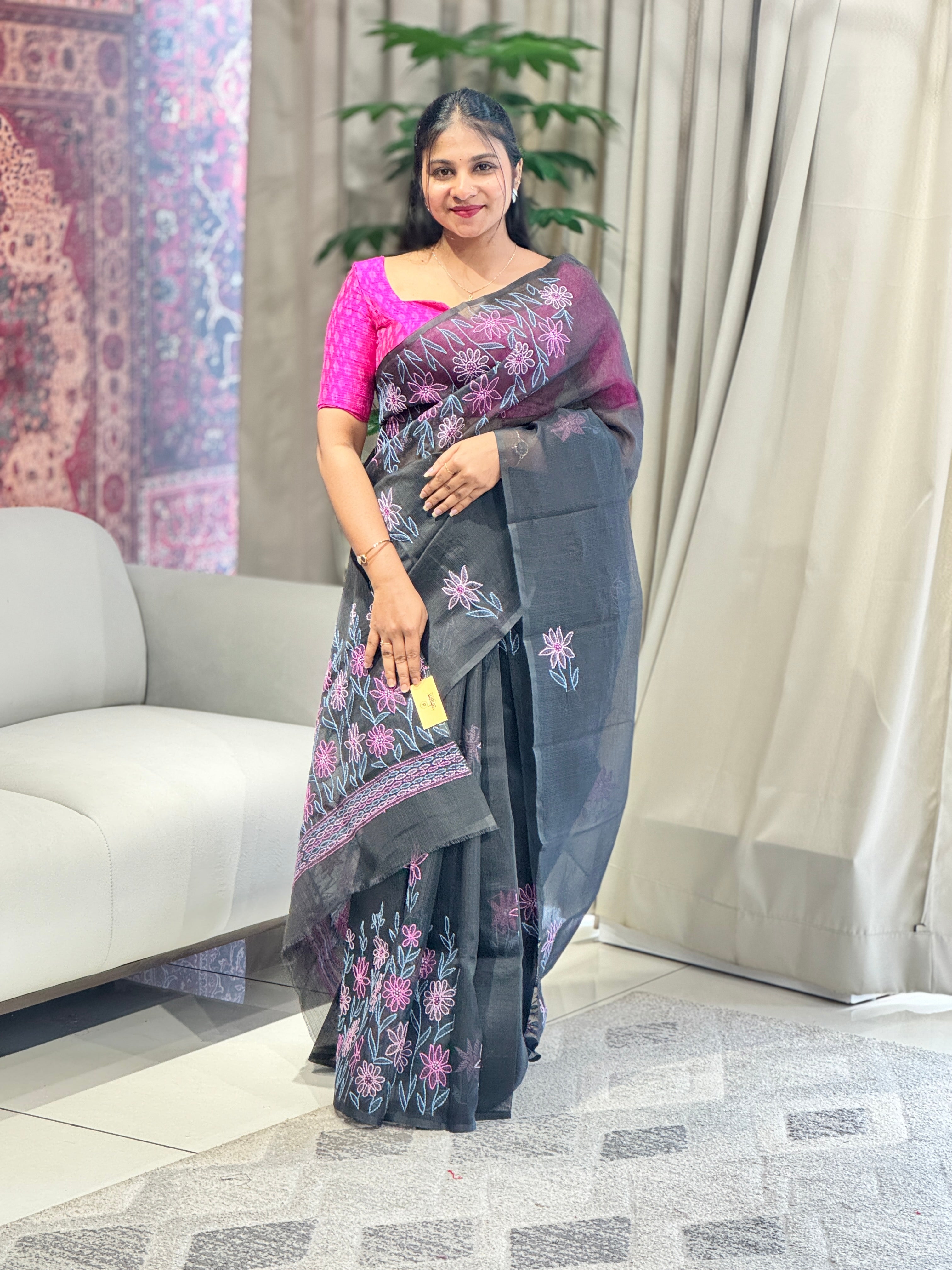 Floral Embroidery Detailed Muga Check Organza Saree | JSC450