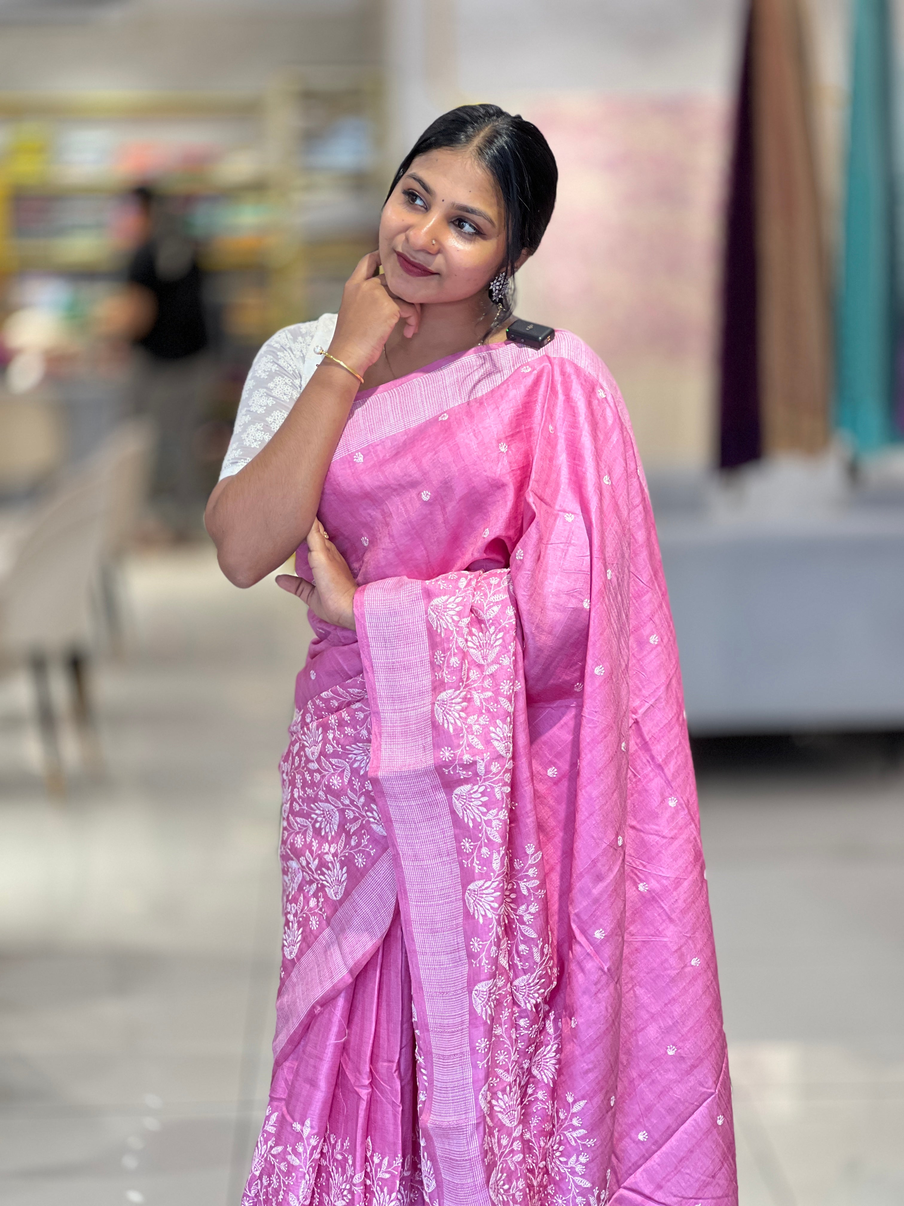 Machine Embroidery Lucknowi Inspired Tussar Finish Saree  | SUN420