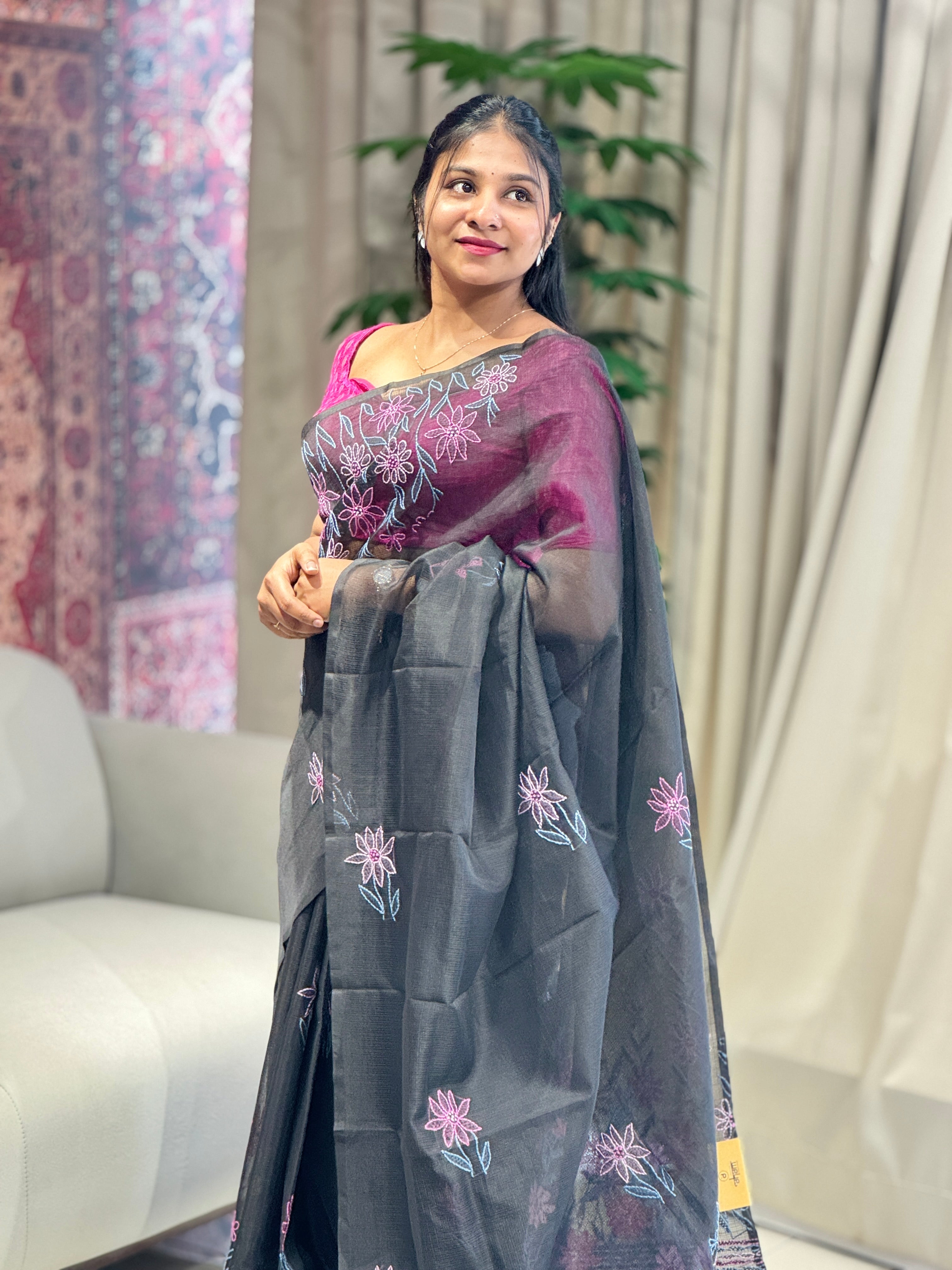 Floral Embroidery Detailed Muga Check Organza Saree | JSC450