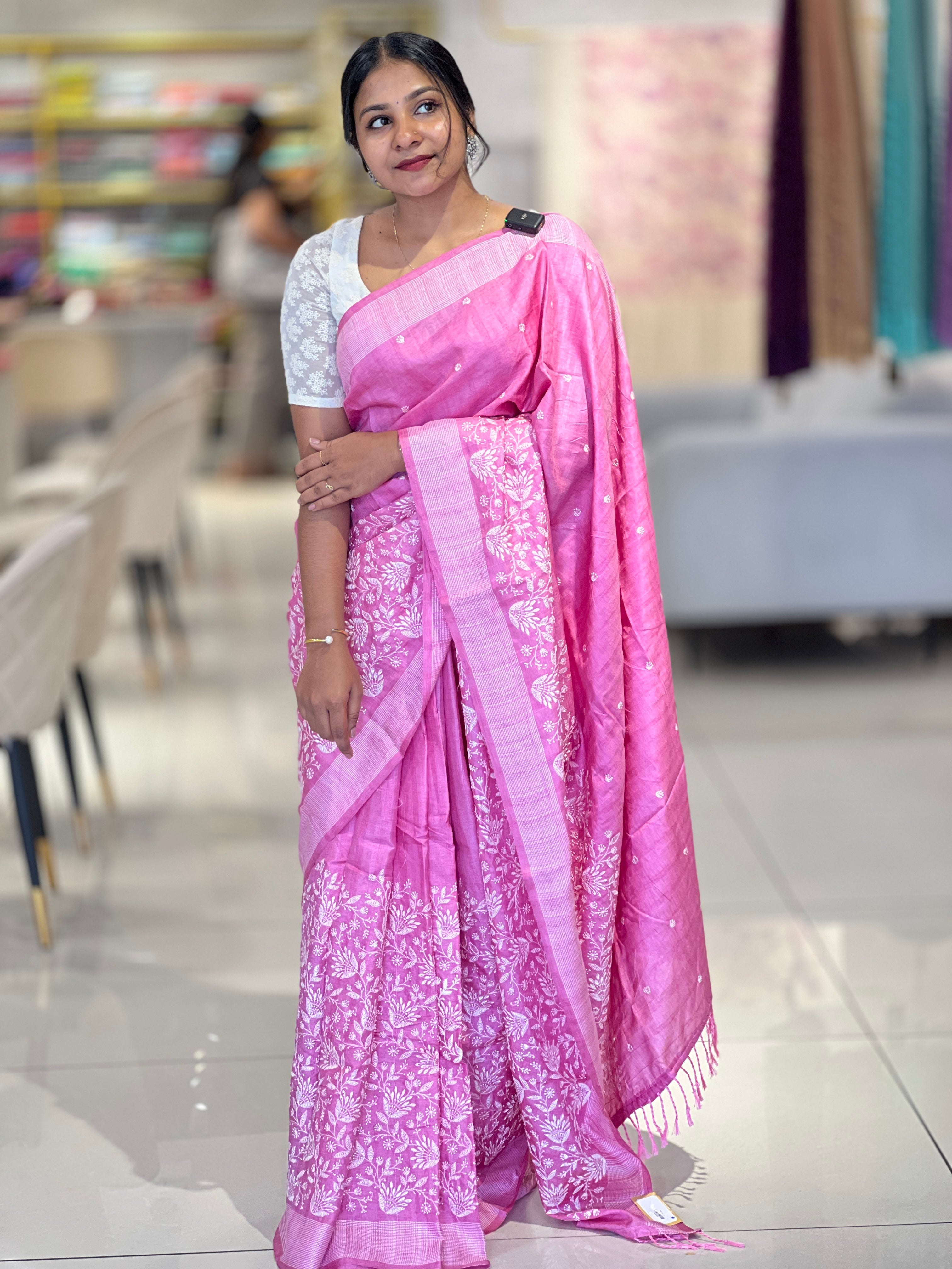 Machine Embroidery Lucknowi Inspired Tussar Finish Saree  | SUN420