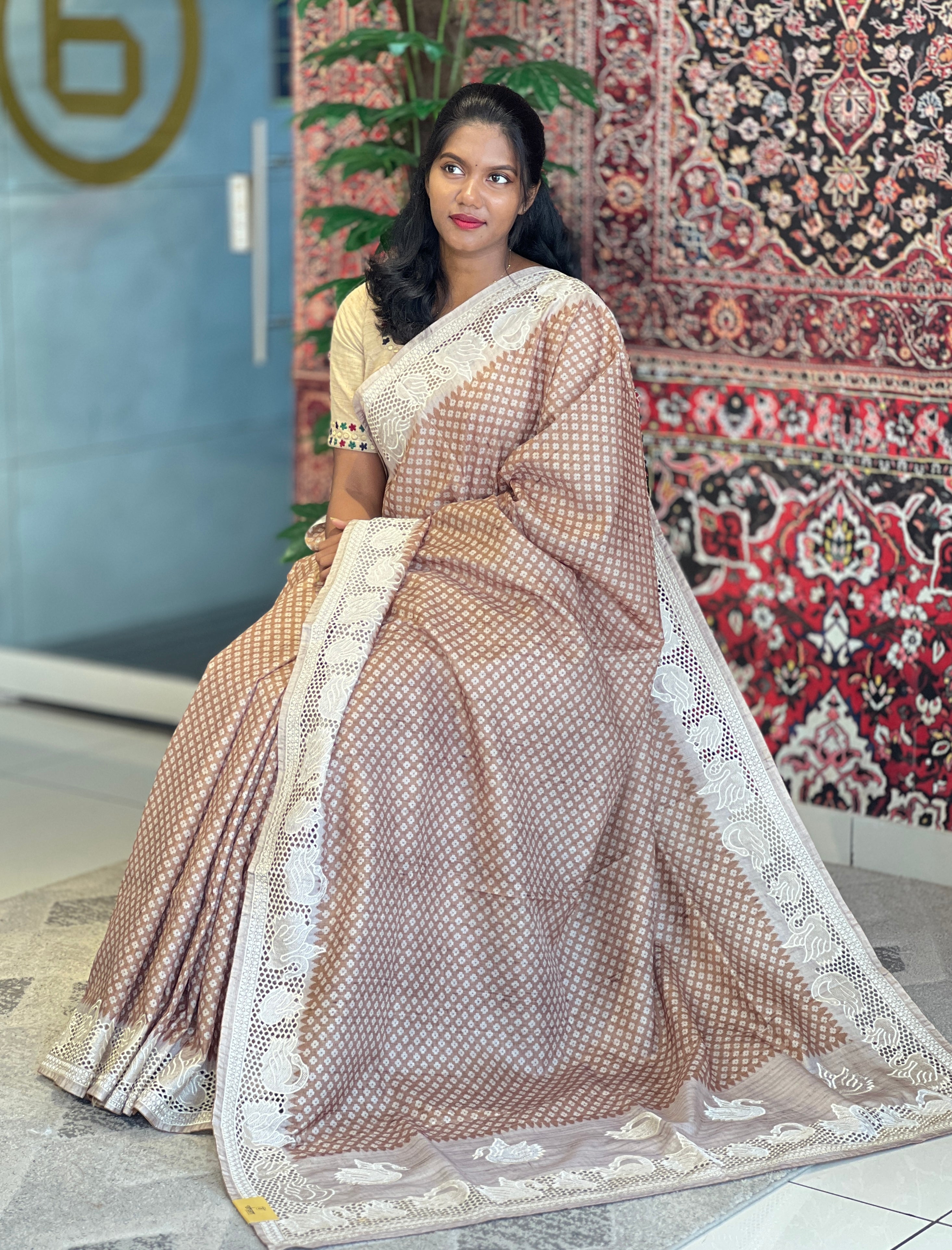 Printed Embroidery & Cutwork Detailed Semi Tussar Saree | SVF177