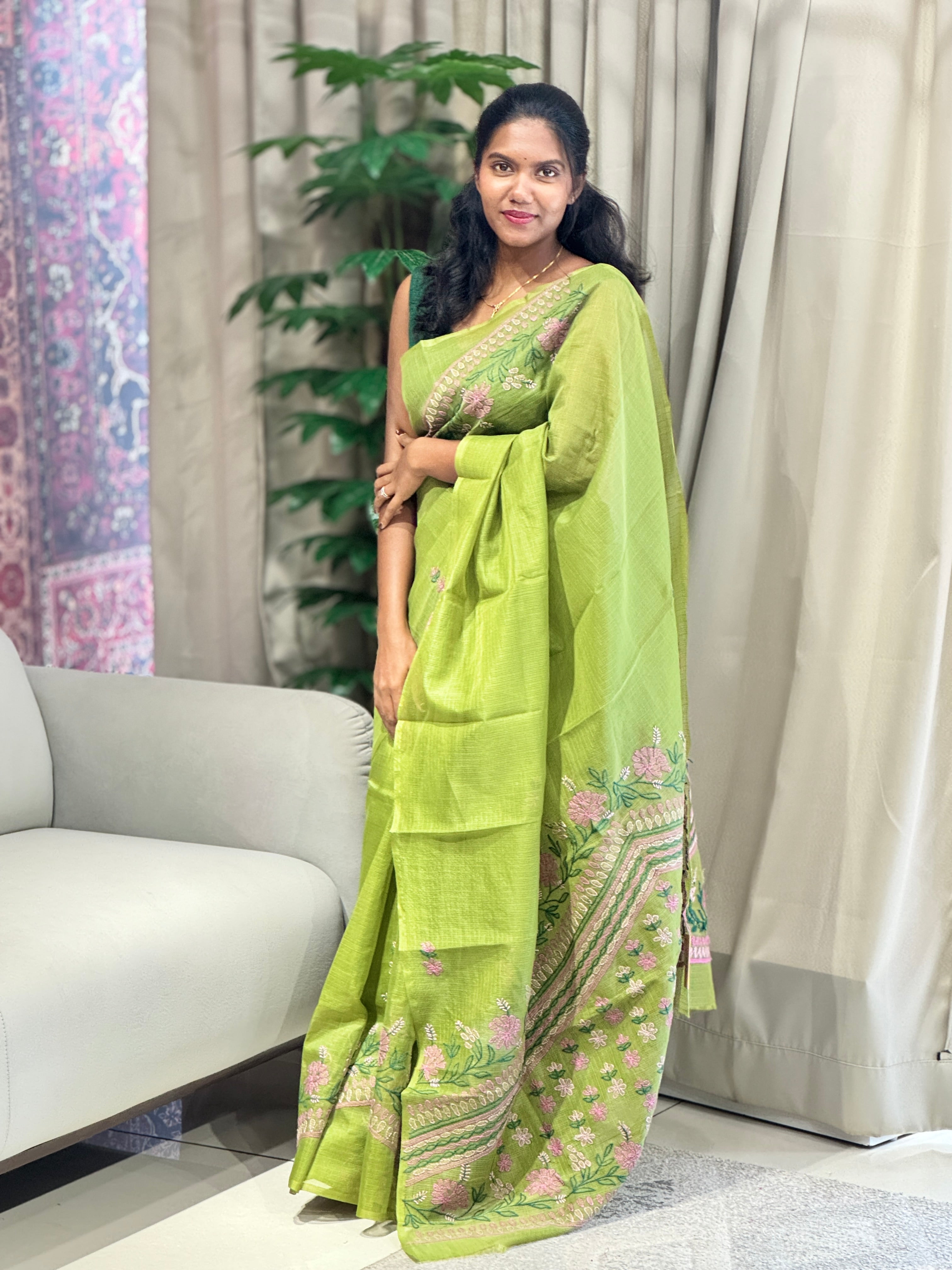Floral Embroidery Detailed Muga Check Organza Saree | JSC452