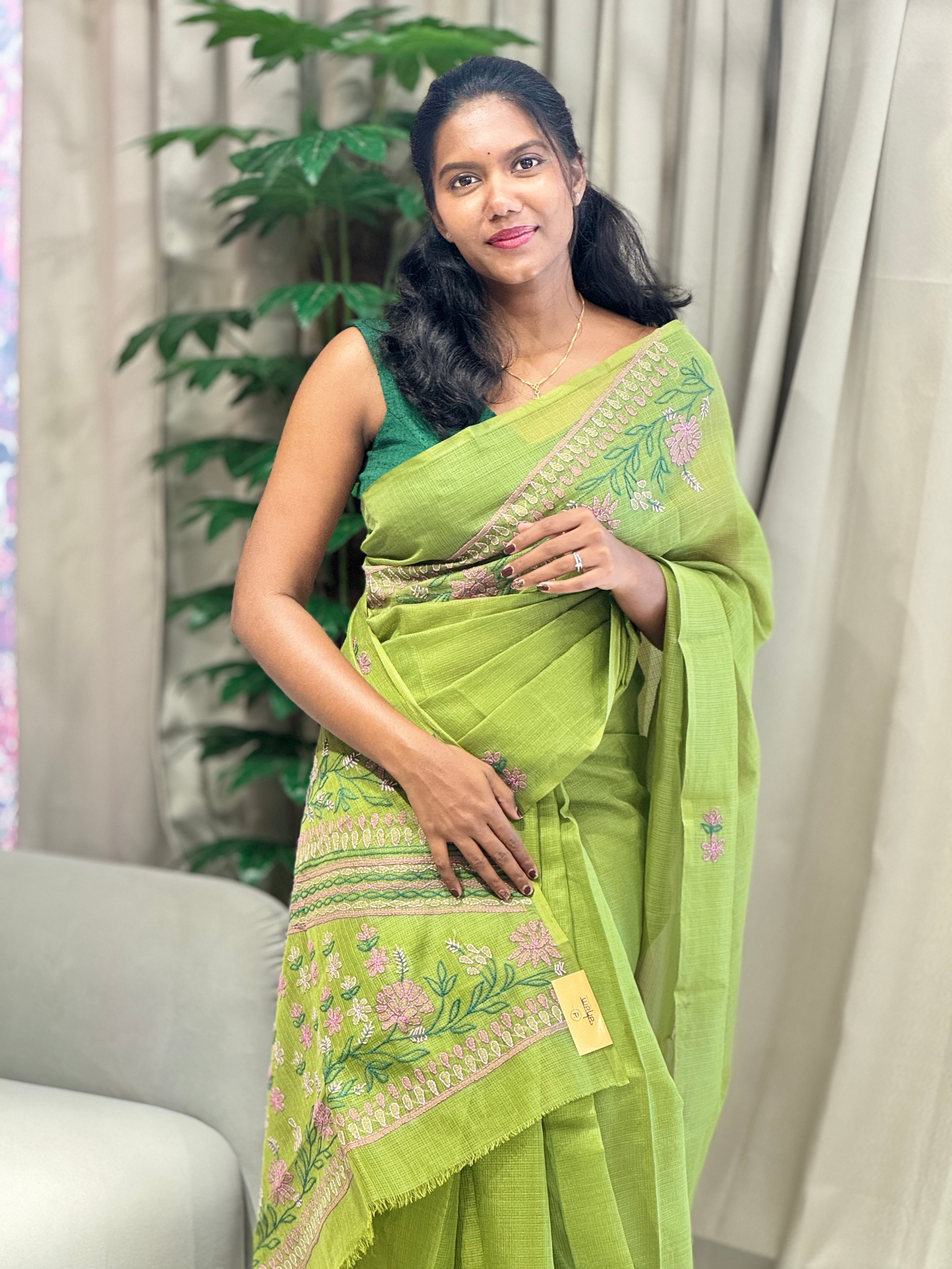 Floral Embroidery Detailed Muga Check Organza Saree | JSC452